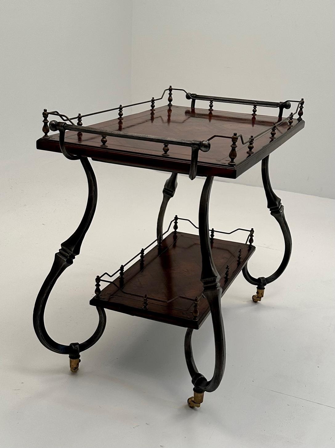 Late 20th Century Mahogany and Wrought Iron Server Bar Cart with Parquetry Top For Sale