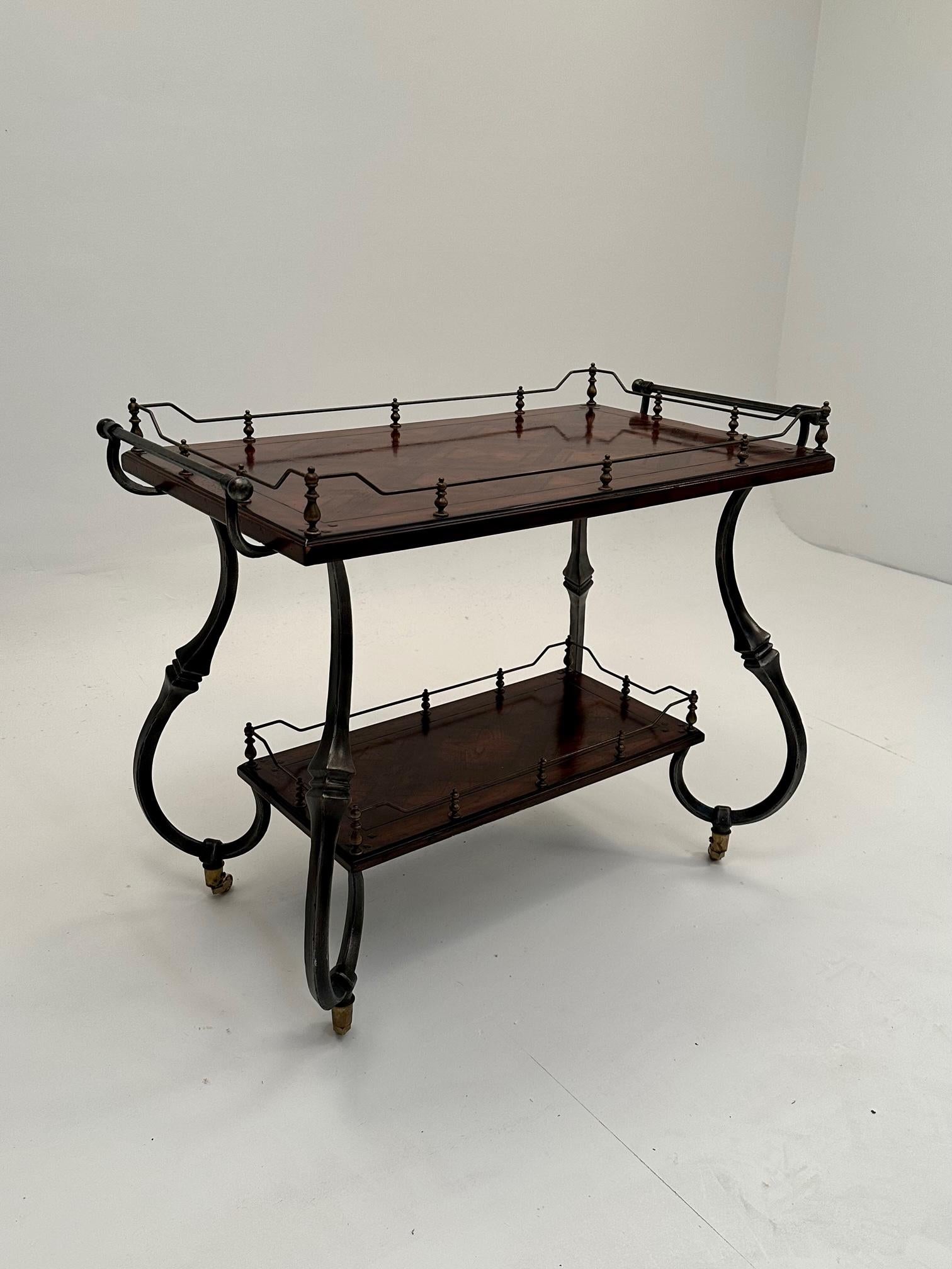 Mahogany and Wrought Iron Server Bar Cart with Parquetry Top For Sale 2