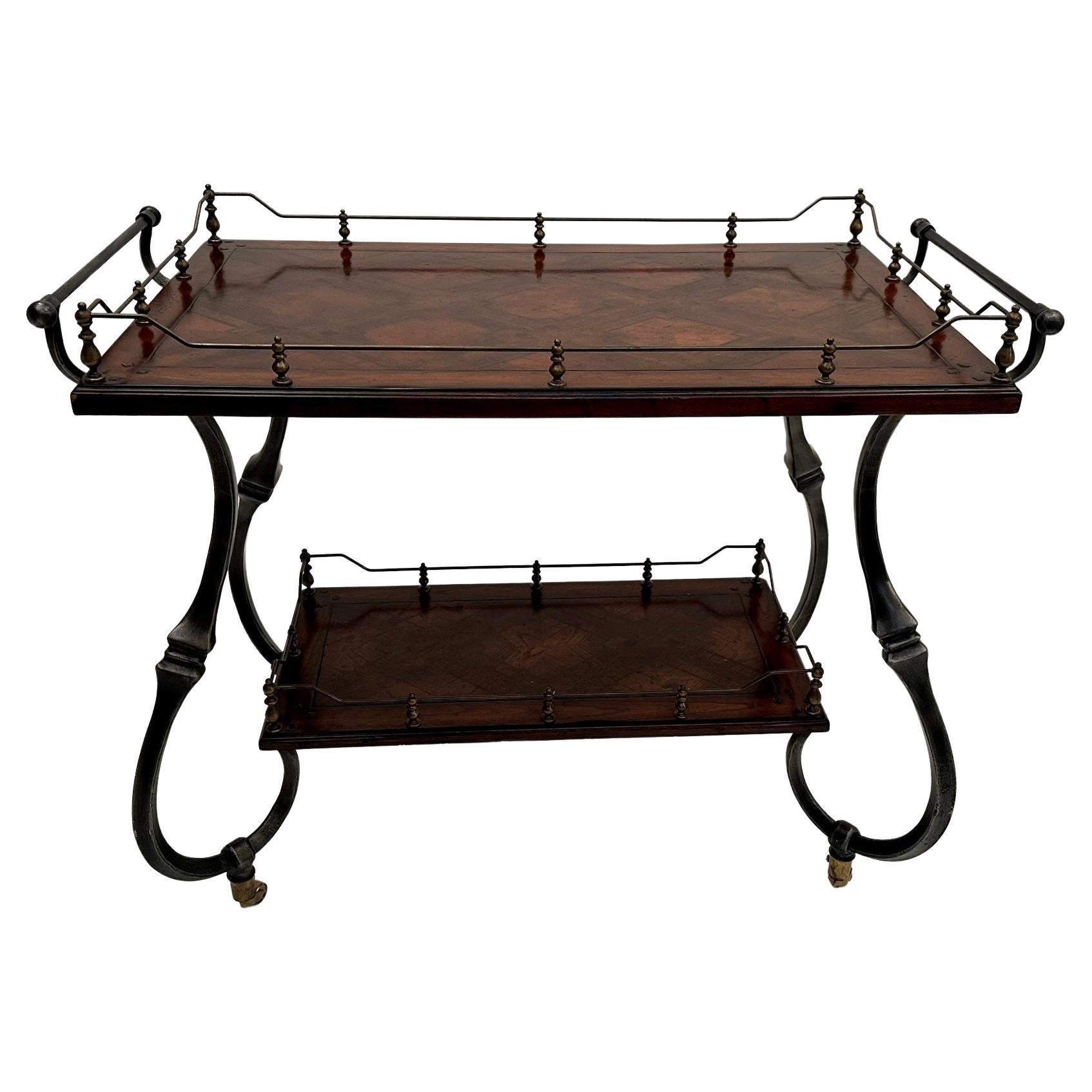 Mahogany and Wrought Iron Server Bar Cart with Parquetry Top