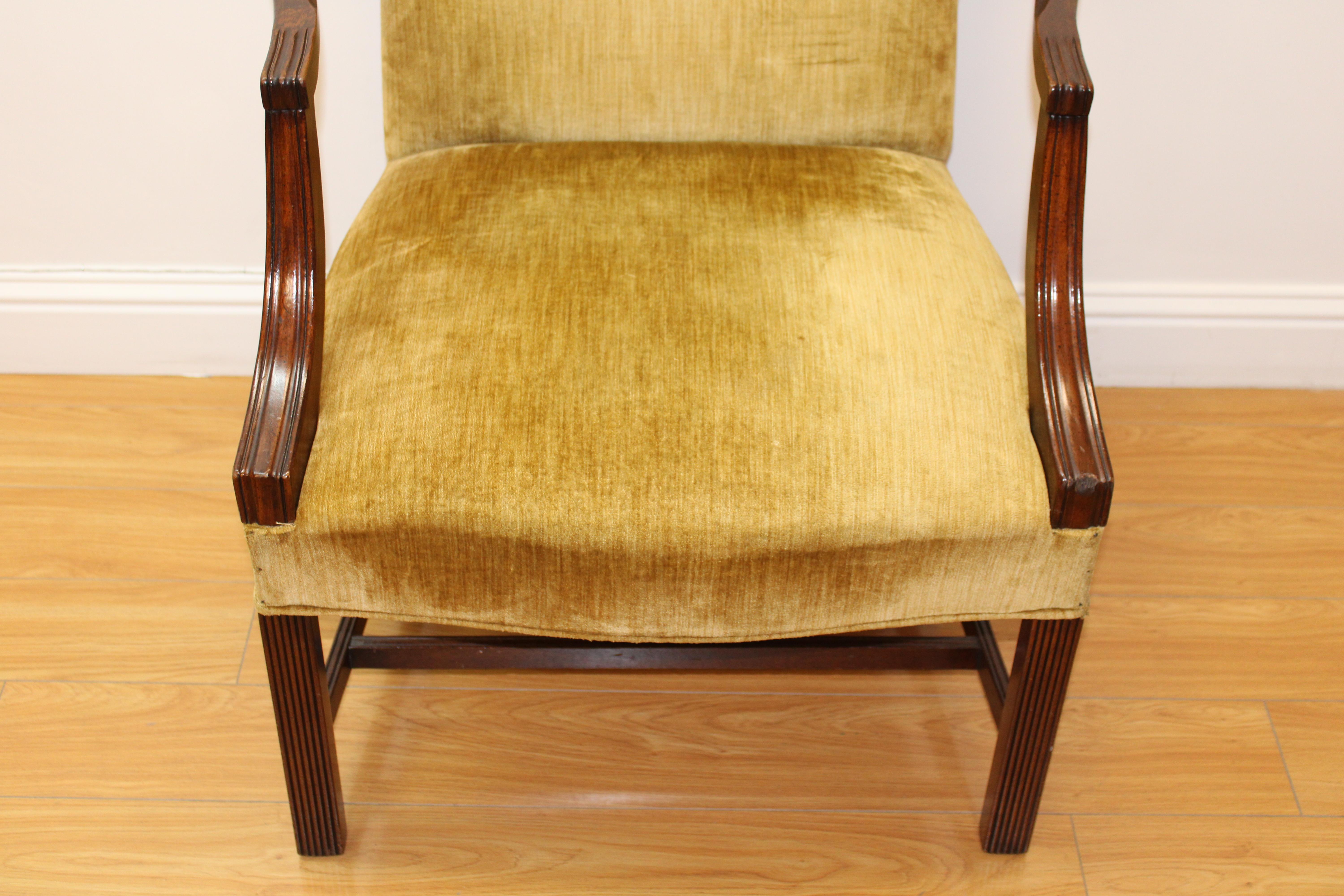 20th Century Mahogany Arm Chair w/ Velvet Upholstery For Sale