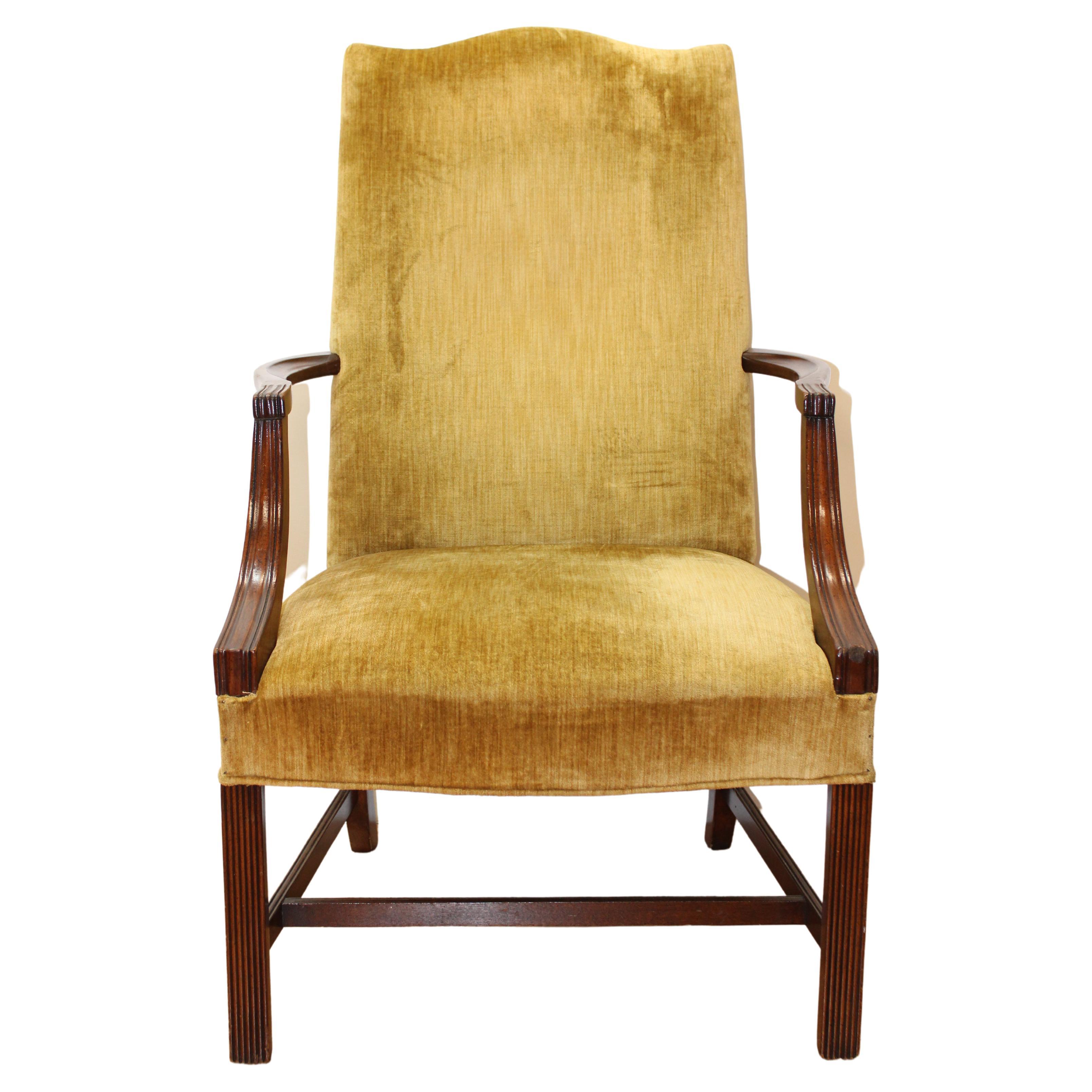 Mahogany Arm Chair w/ Velvet Upholstery For Sale