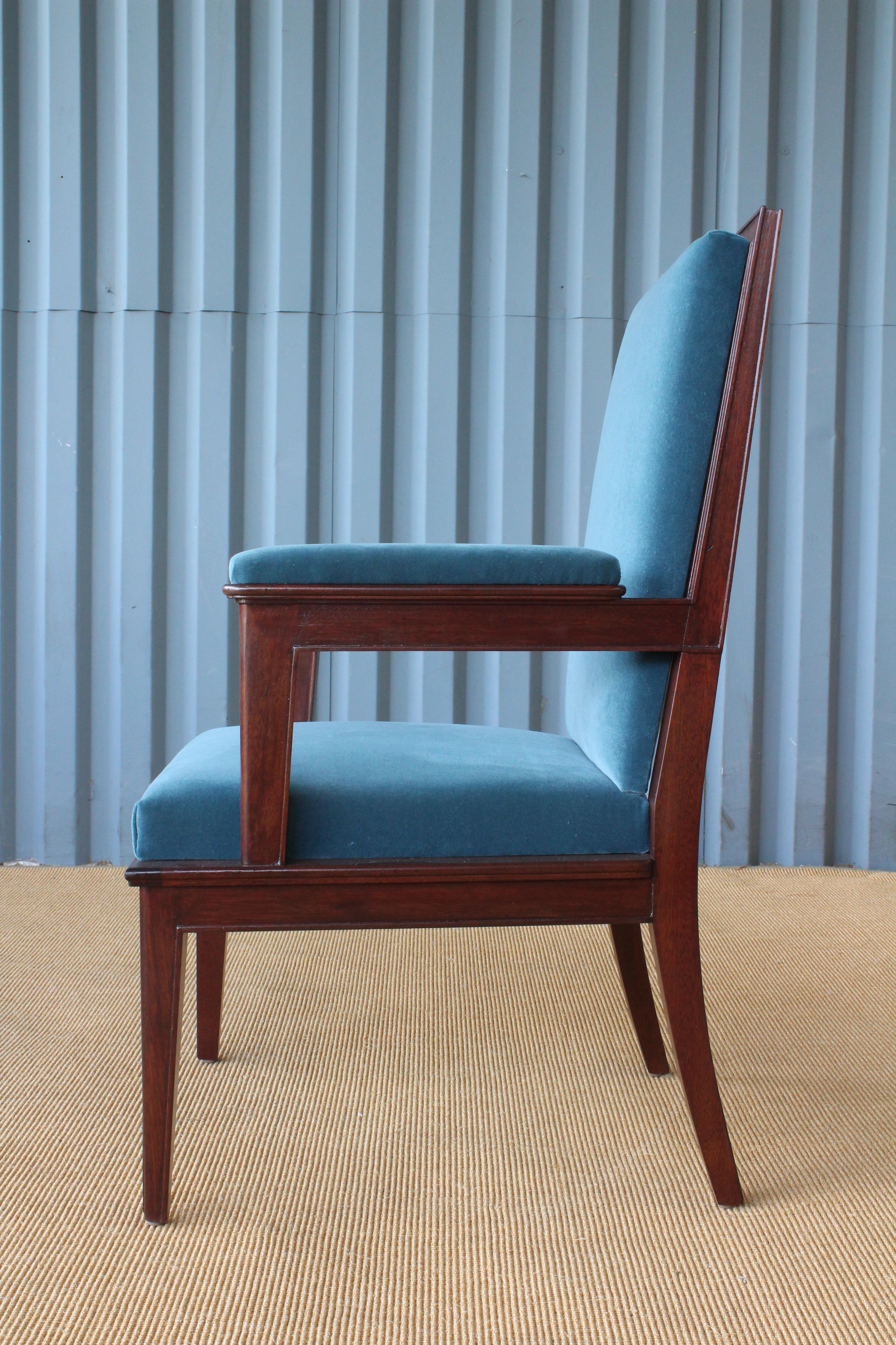 French Mahogany Armchair in Velvet, France, 1940s. Set of Four Available.