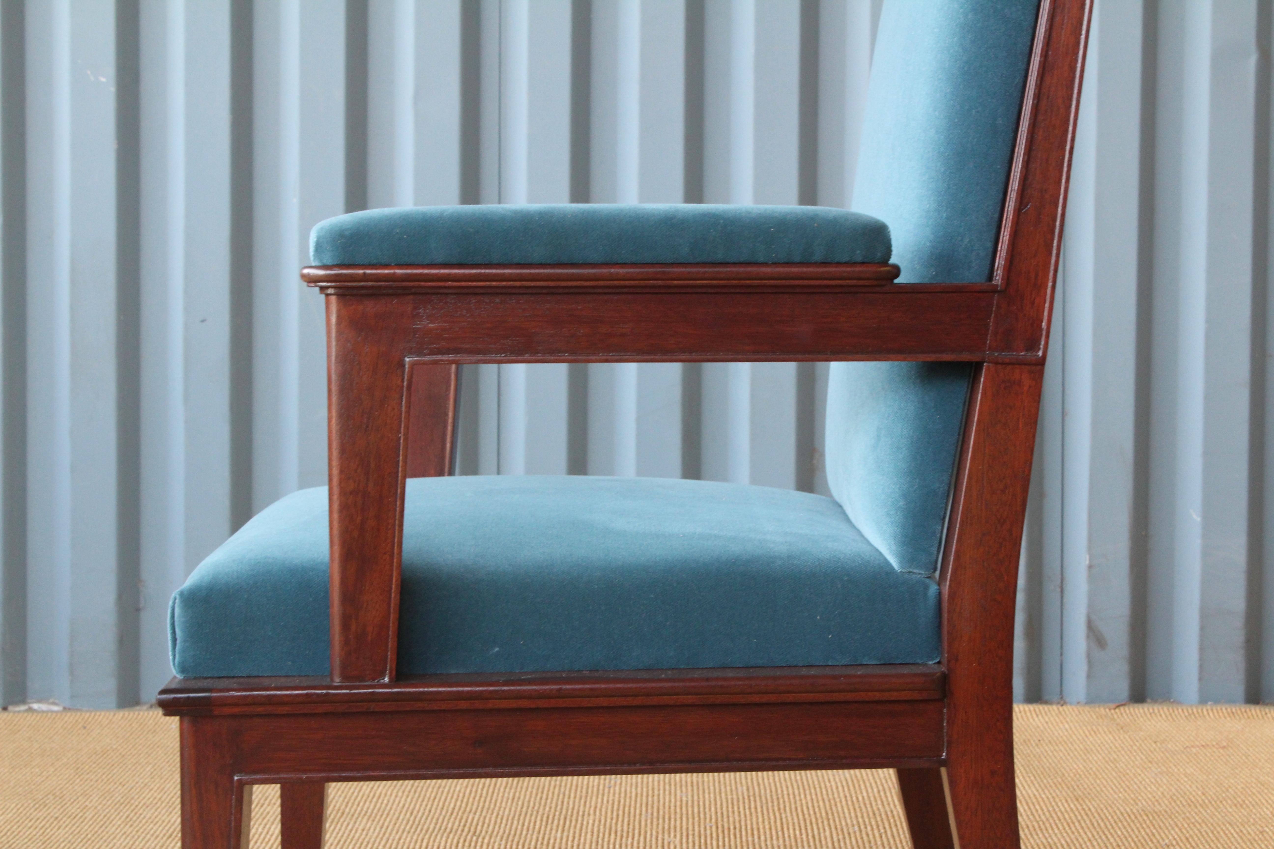 Mahogany Armchair in Velvet, France, 1940s. Set of Four Available. In Good Condition In Los Angeles, CA