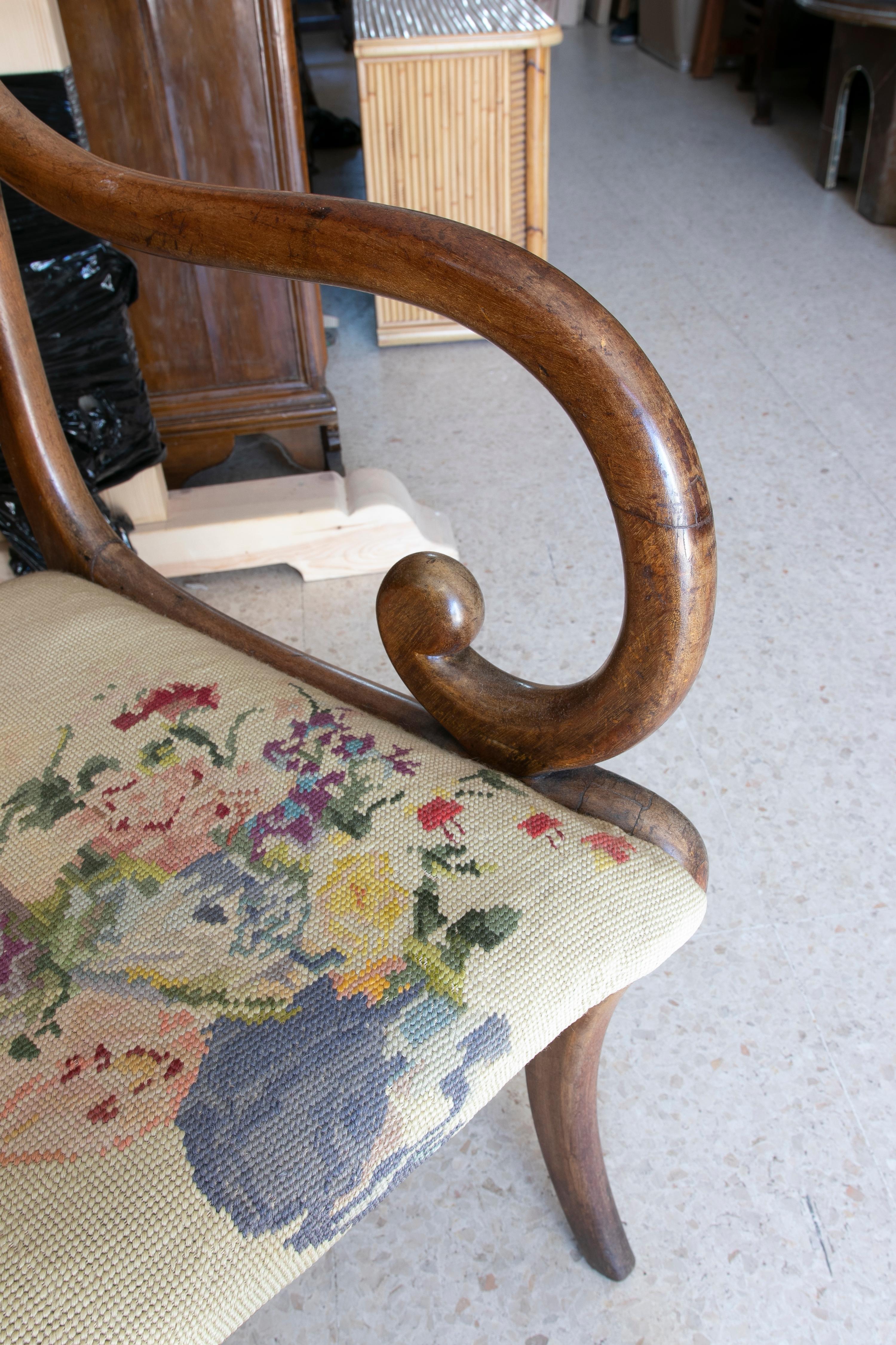 Mahogany Armchair with Hand-Embroidered Petit Point and Flower Handle For Sale 11