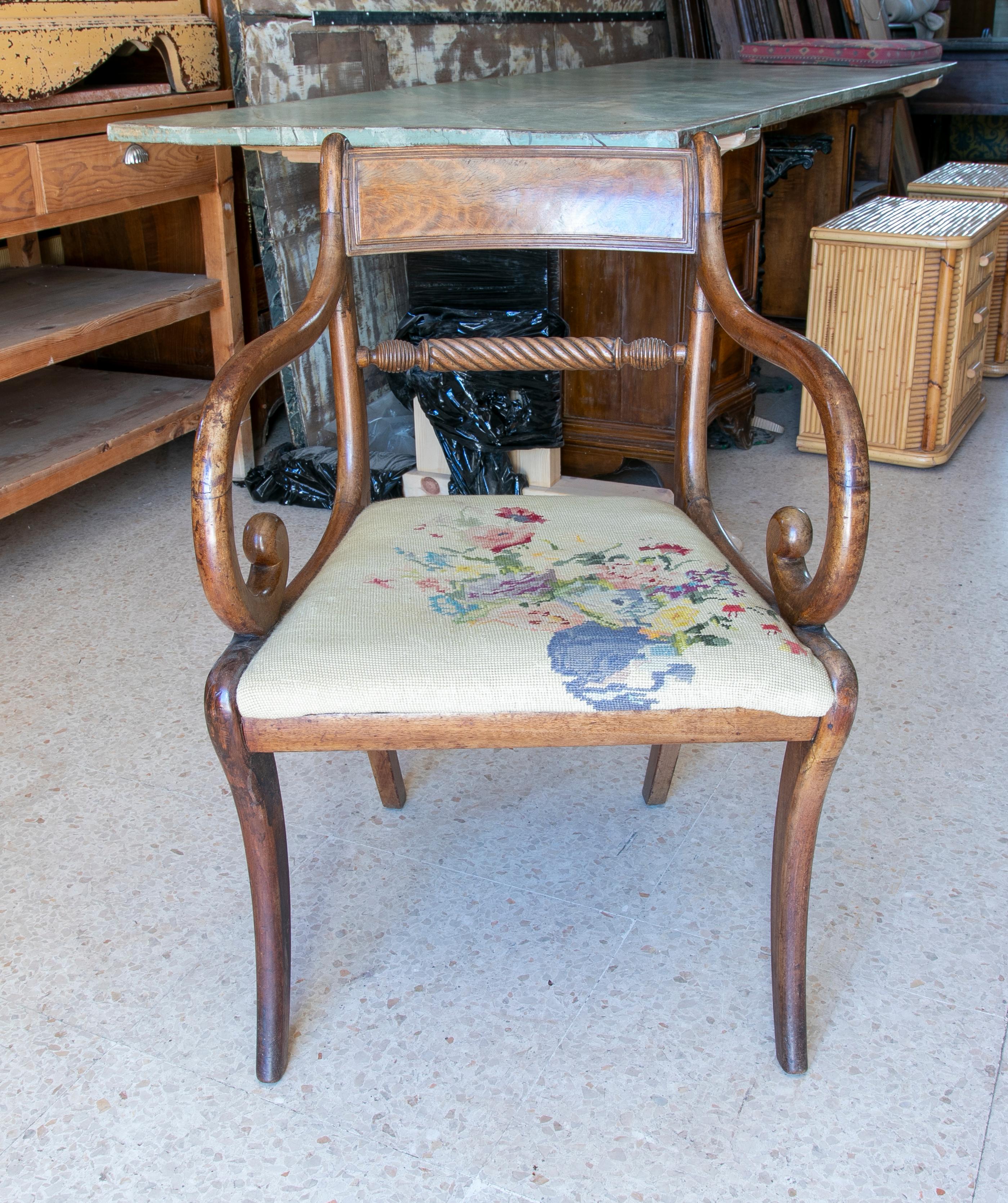 French Mahogany Armchair with Hand-Embroidered Petit Point and Flower Handle For Sale