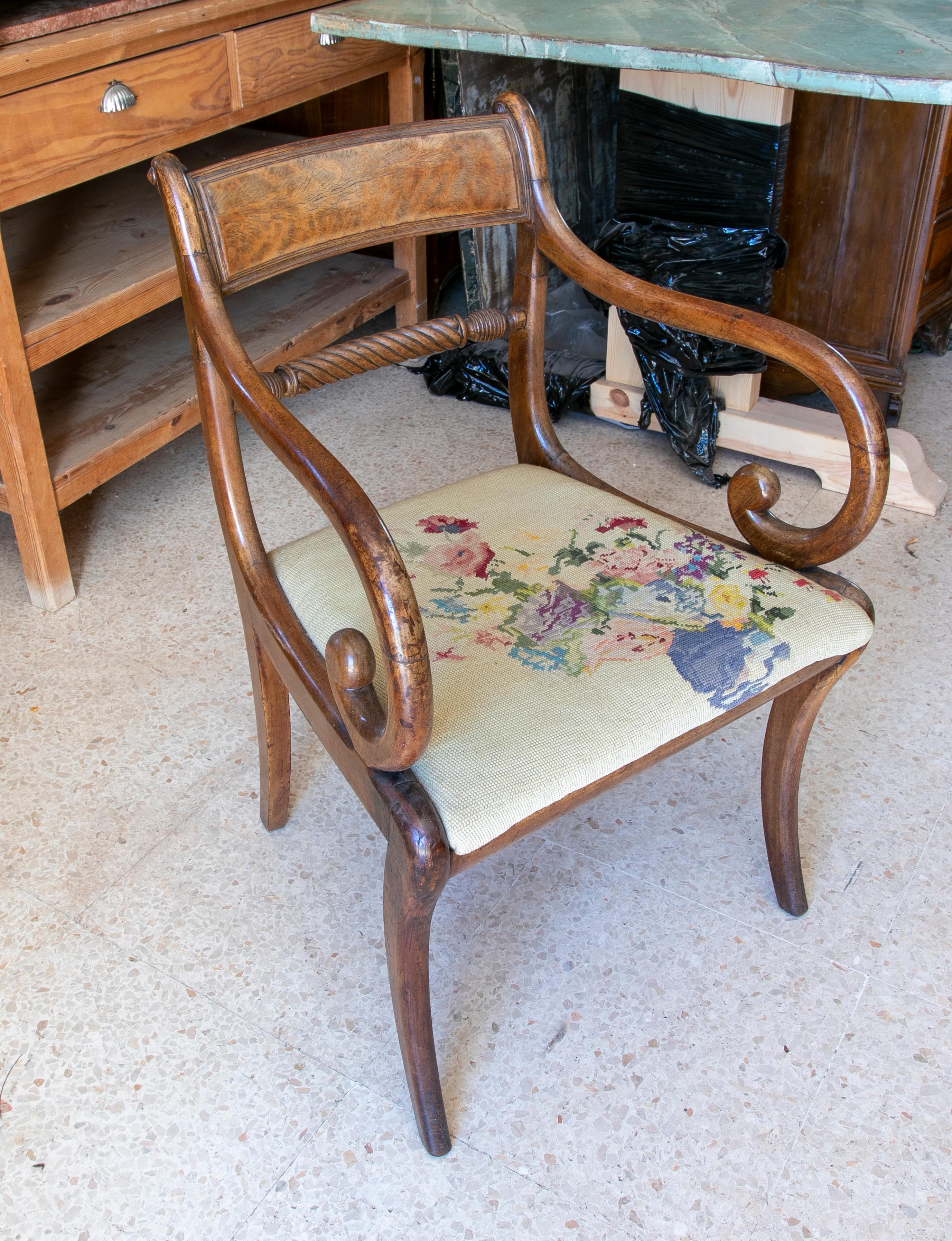 Mahogany Armchair with Hand-Embroidered Petit Point and Flower Handle For Sale 2