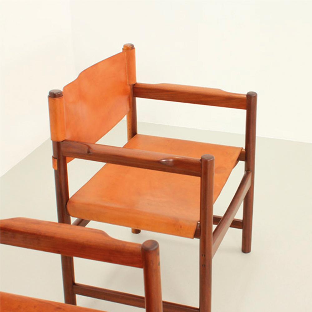 Europeo Poltrone in mogano e pelle cognac - design spagnolo anni '60 in vendita