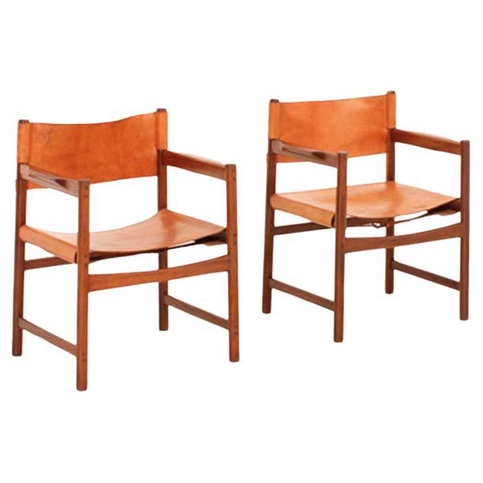 Mahogany armchairs and cognac leather - Spanish design 1960's For Sale