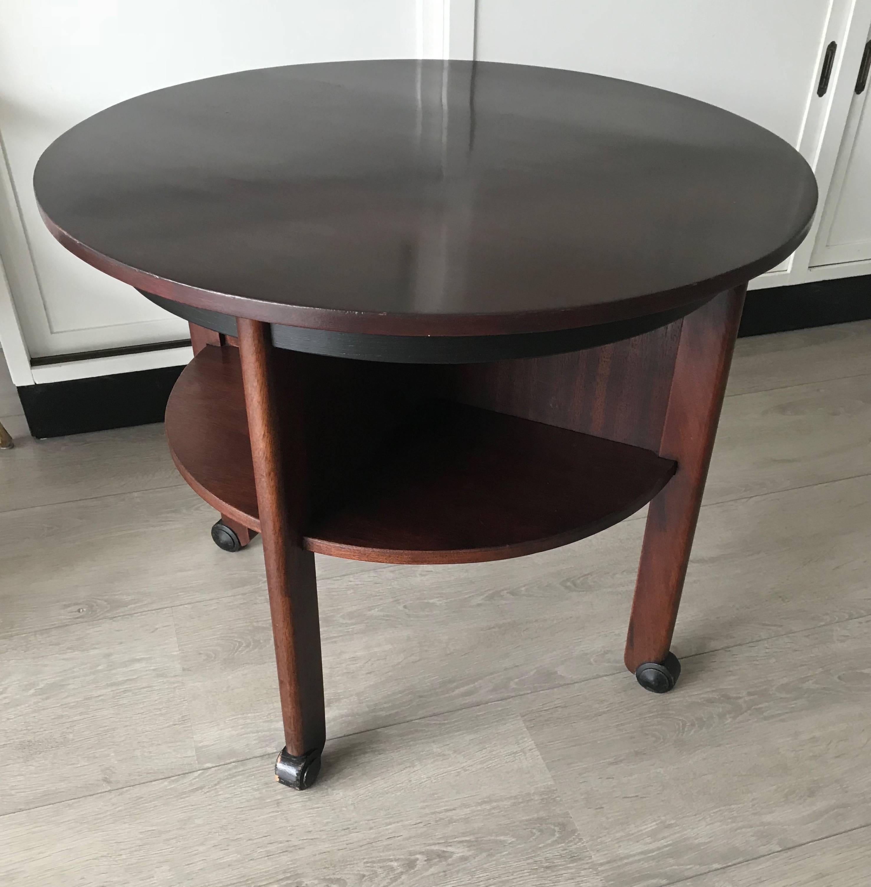 Dutch Wooden Art Deco Round Coffee or End Table with Four Shelfs for Books Etc For Sale