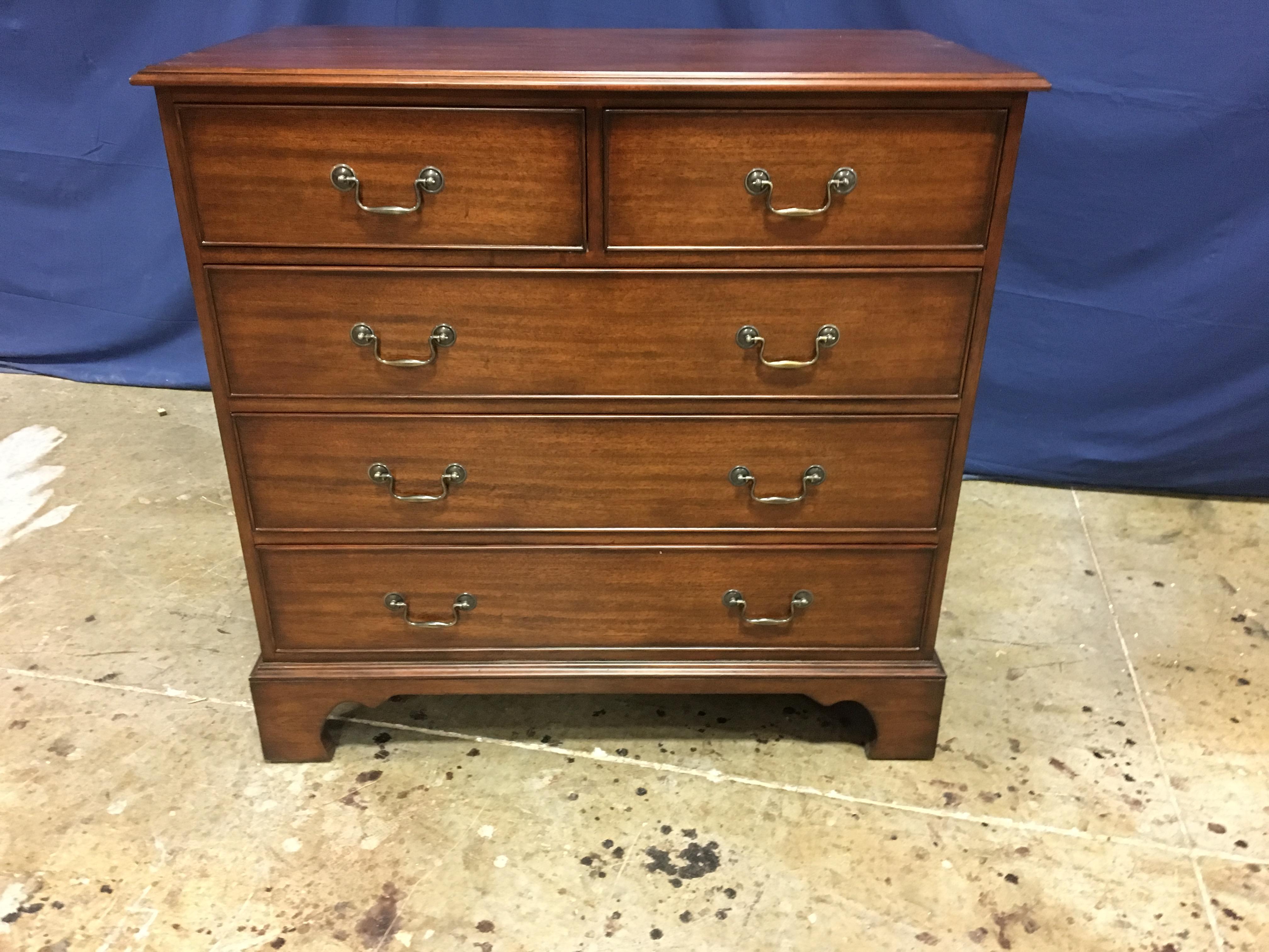 This is a new traditional mahogany bachelor’s chest/nightstand. Its design was inspired by New England chests in the 1800s. It features five drawers and straight grain mahogany drawer fronts, top and sides with a Classic solid mahogany ogee edge.