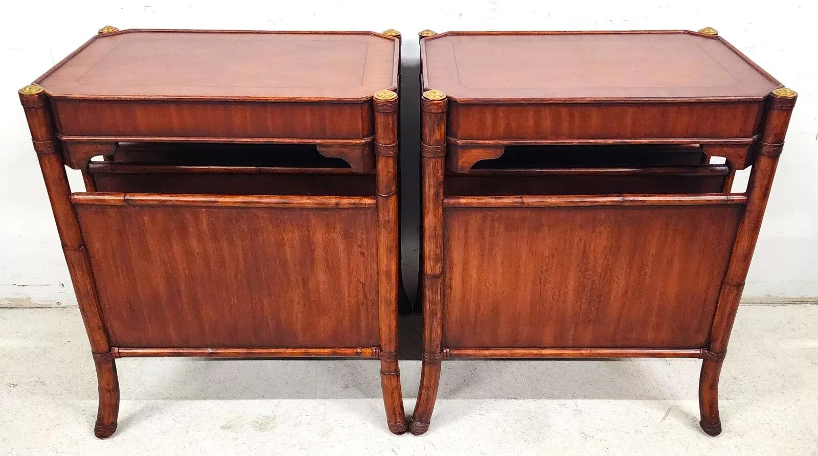 For FULL item description click on READ MORE below. 

Offering One Of Our Recent Palm Beach Estate Fine Furniture Acquisitions Of A
Pair of Mahogany Bamboo and Leather Rattan End Side Tables with Magazine Racks
Very solid, high-quality and well-made