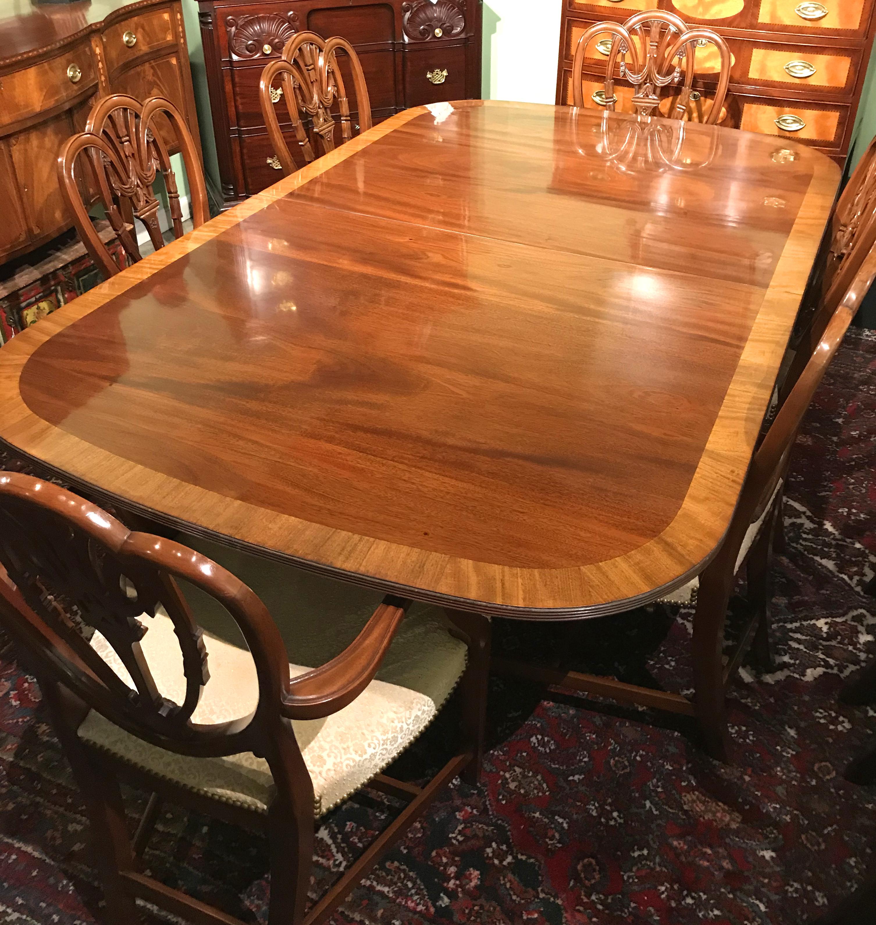 Brass Mahogany Banded Double Pedestal Dining Table by Kaplan for Beacon Hill