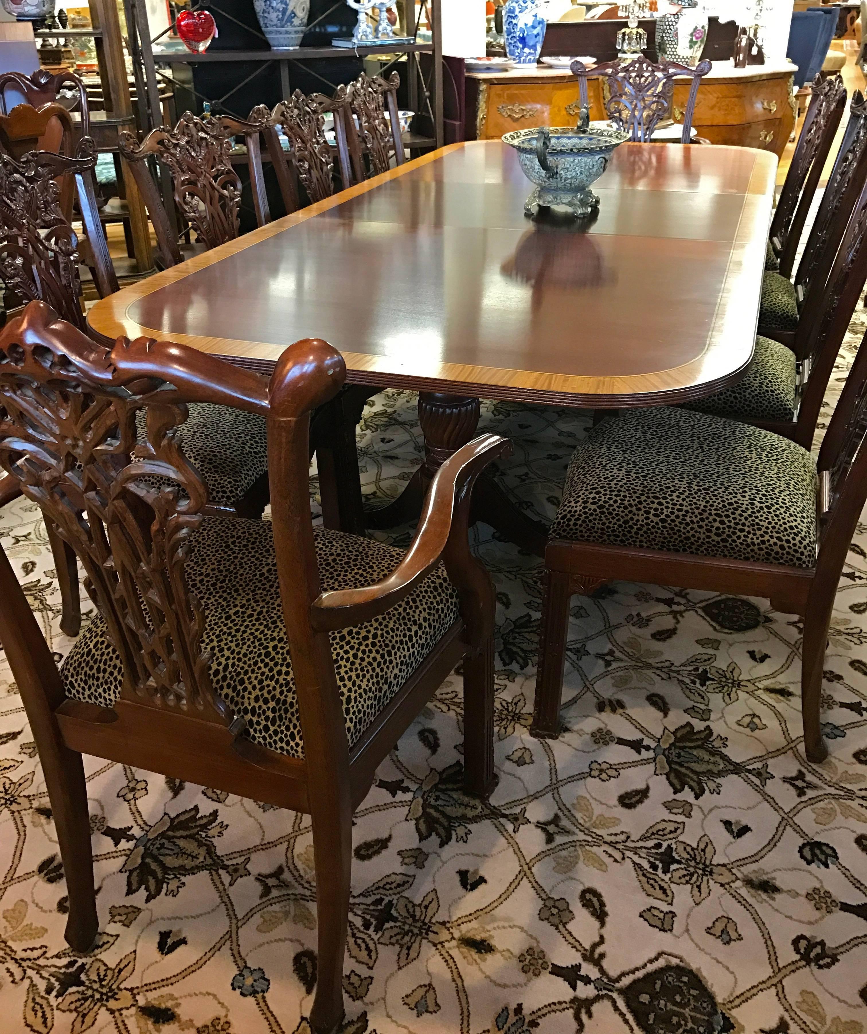 Mahogany Banded Inlay Carved Double Pedestal Dining Table, England 2