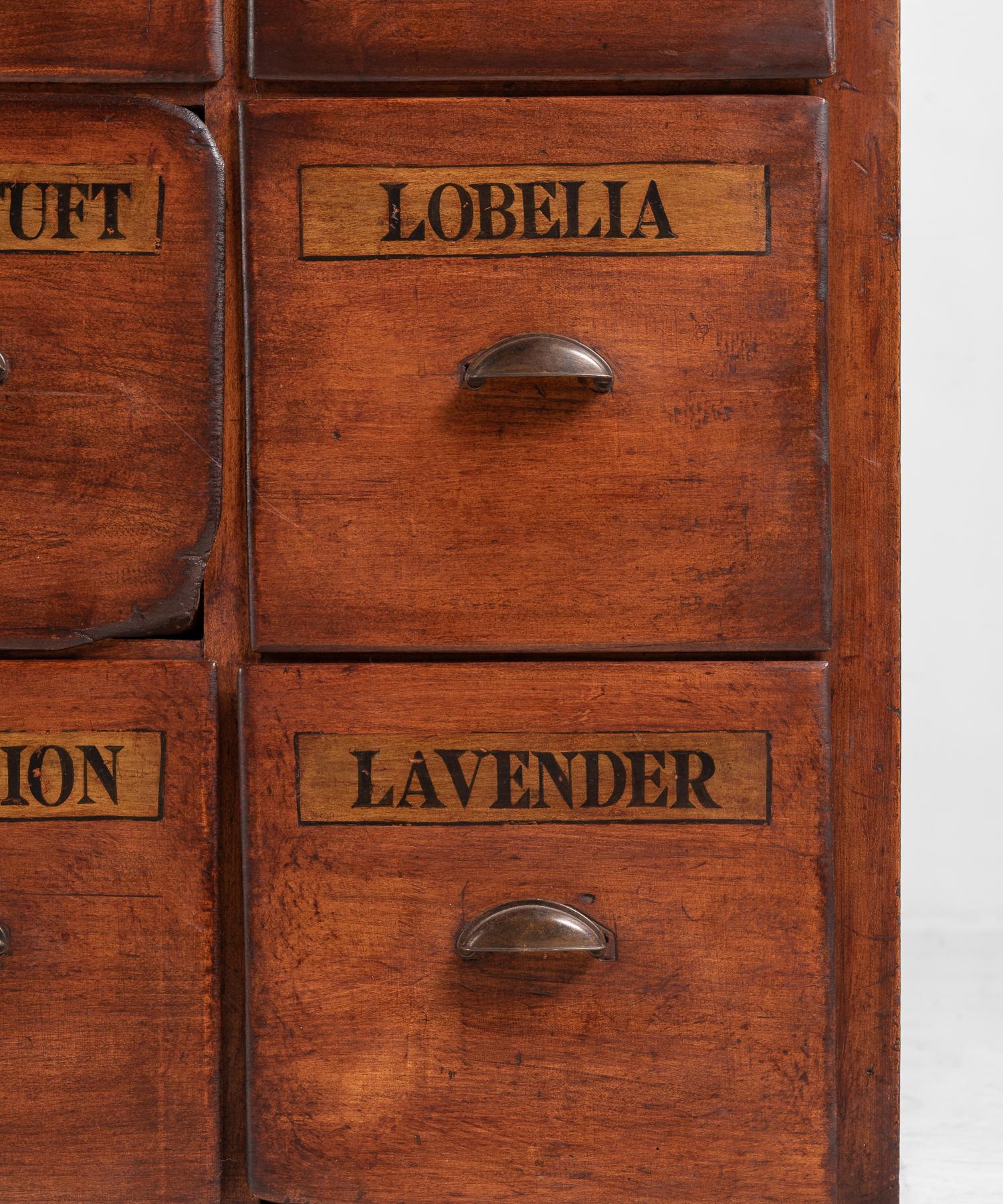 Mahogany bank of drawers, England, circa 1860.

Made of mahogany. Original patina with later flower labels.

Measures: 42.25