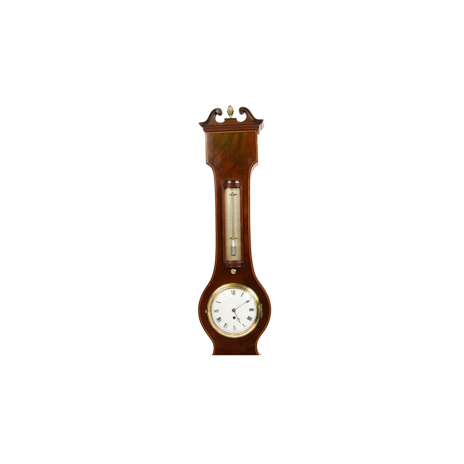 Barometer komplett mit Uhr unterzeichnet F. Somalvico N ° 11 Brook Str. Holborn London datierbar zwischen 1810 und 1820. Fein gearbeitete Mahagoniholzkiste mit Zedernholzkanten. Großes versilbertes Messingzifferblatt mit eingravierten