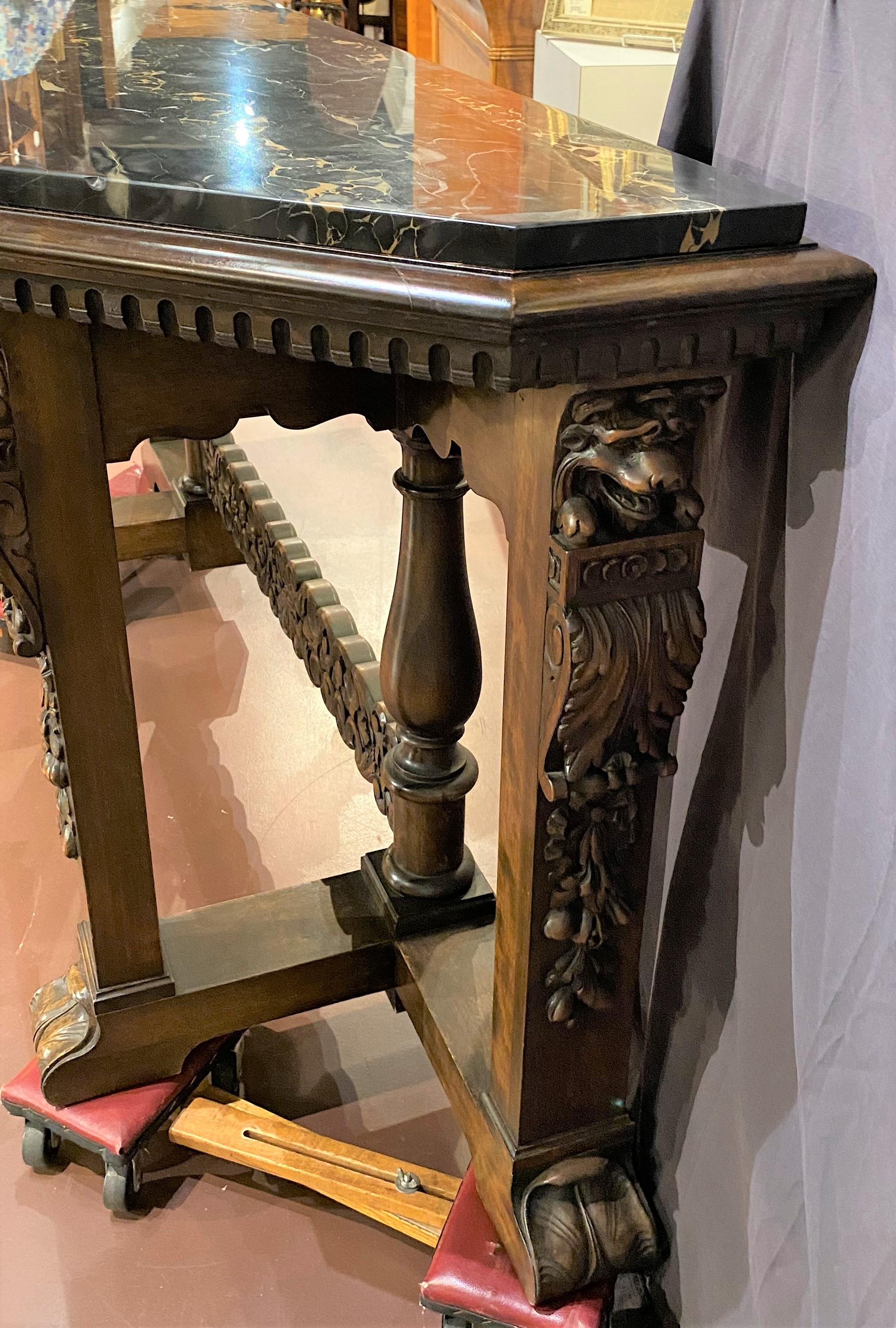 Polished Mahogany Baroque Revival Marble Top Console Table with Lion & Acanthus Carving For Sale