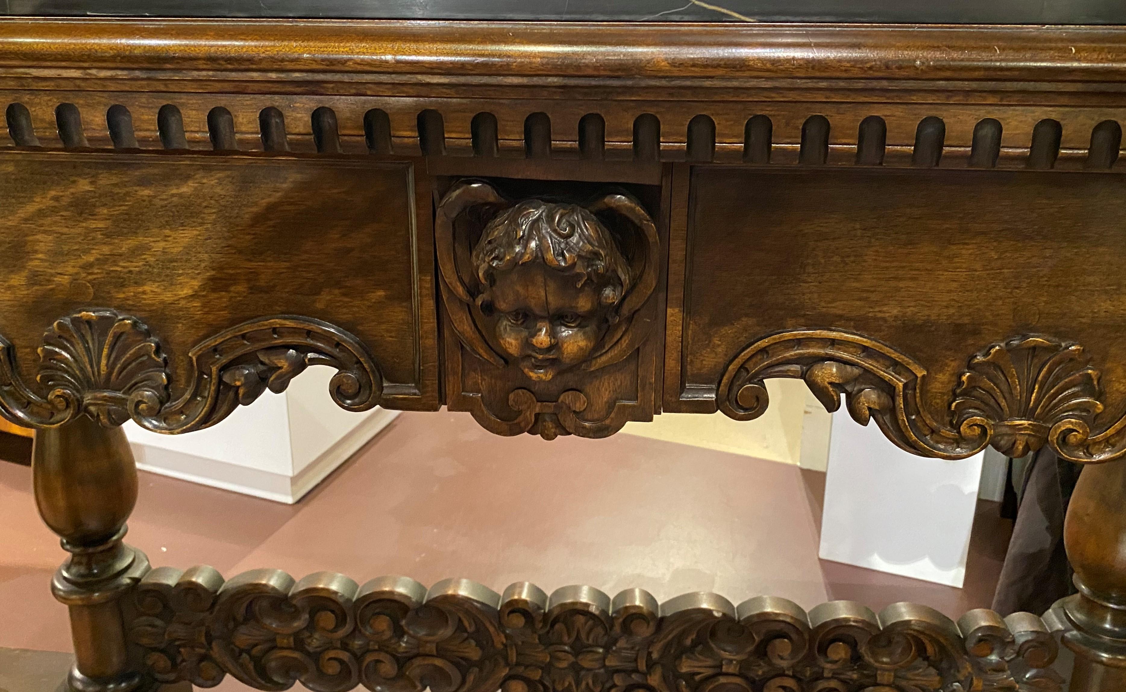 Mahogany Baroque Revival Marble Top Console Table with Lion & Acanthus Carving In Good Condition For Sale In Milford, NH