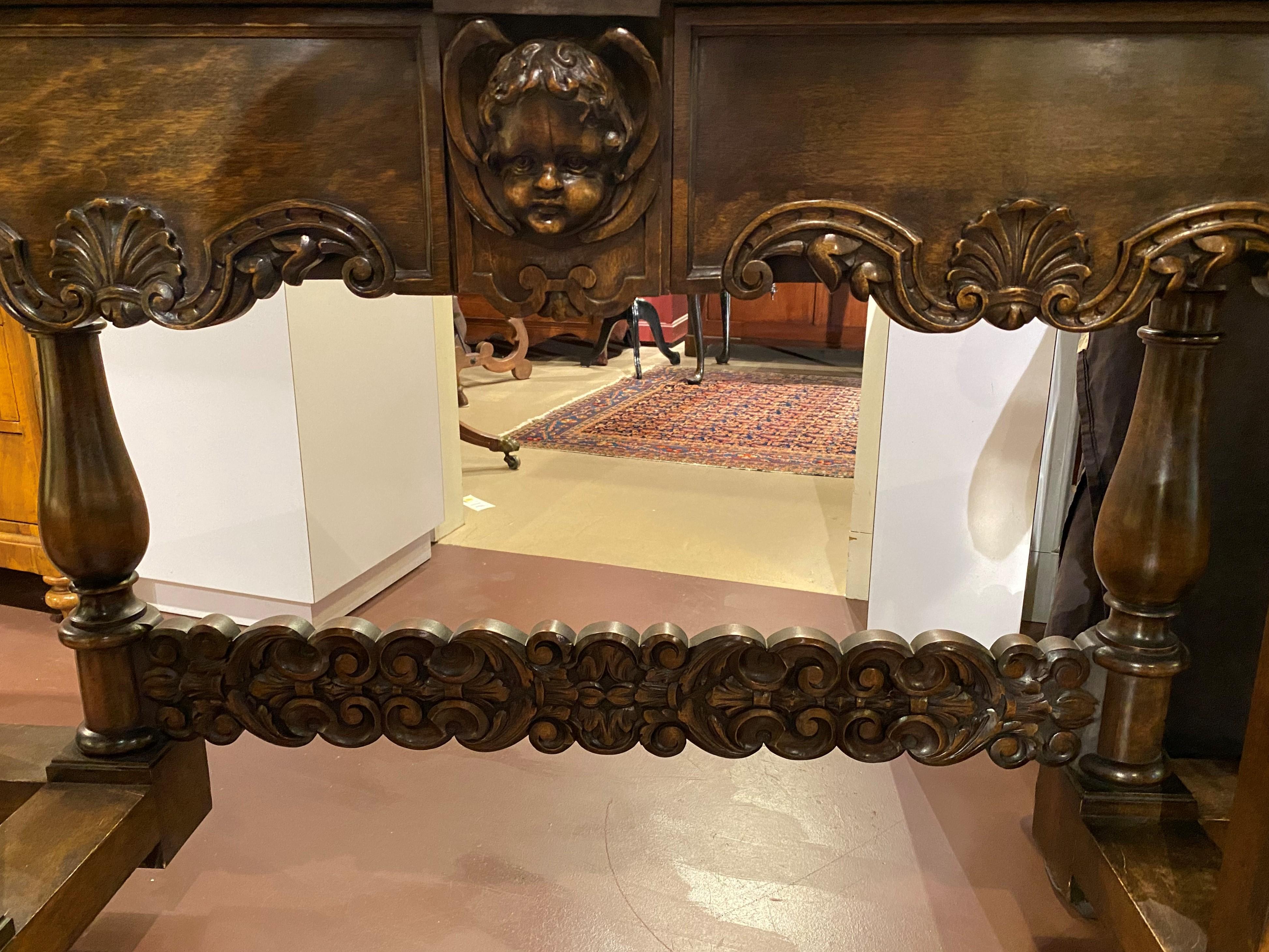20th Century Mahogany Baroque Revival Marble Top Console Table with Lion & Acanthus Carving For Sale