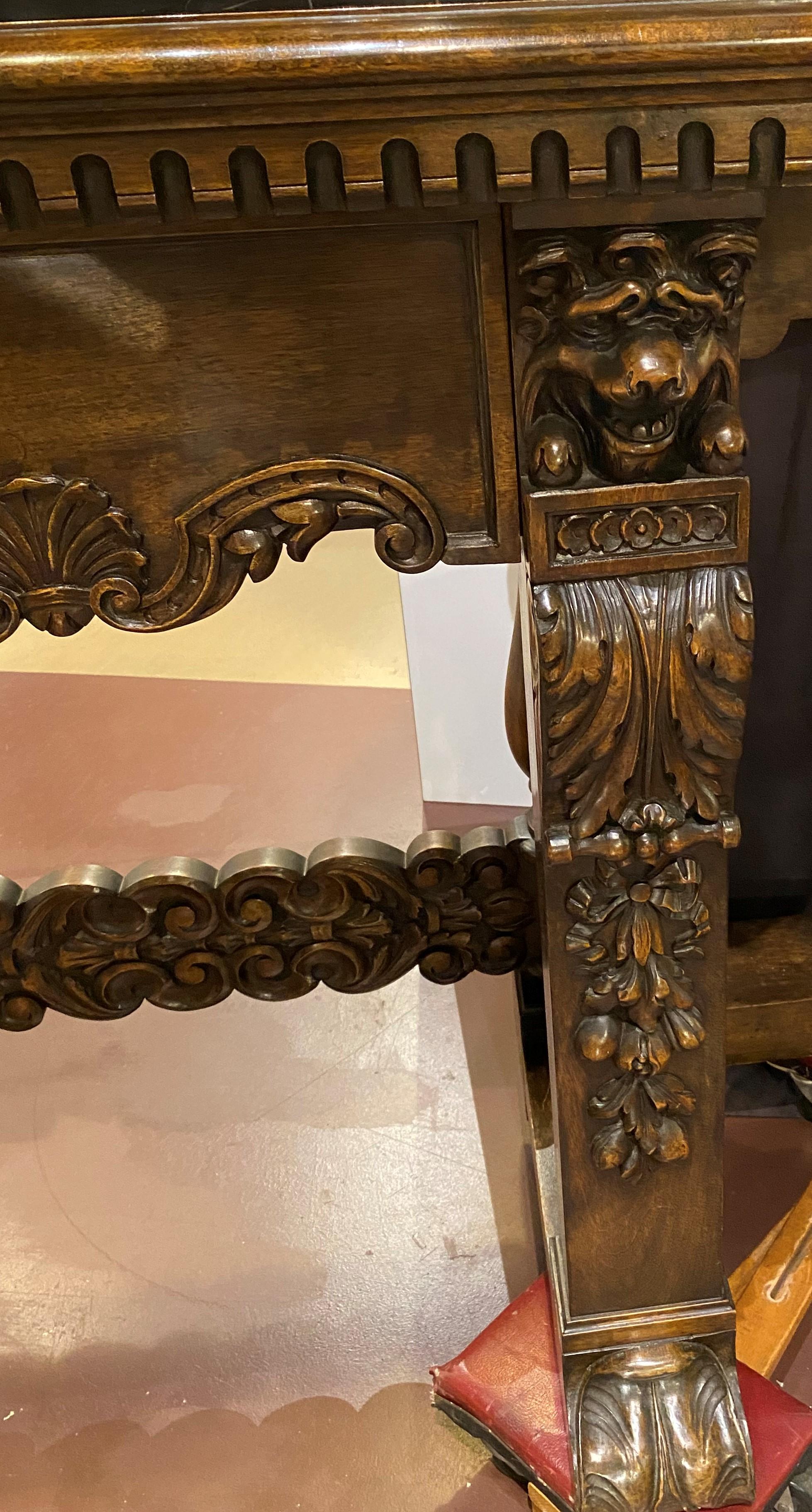 Mahogany Baroque Revival Marble Top Console Table with Lion & Acanthus Carving For Sale 1