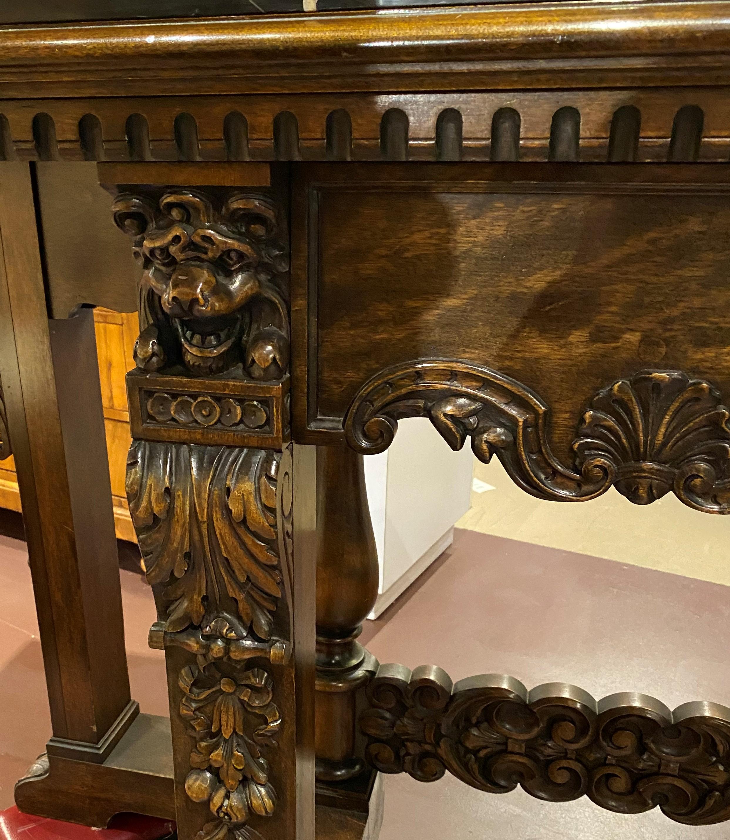 Mahogany Baroque Revival Marble Top Console Table with Lion & Acanthus Carving For Sale 2