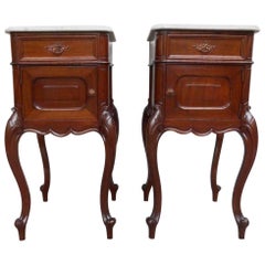 Wonderful Nutwood Bedside Cabinets / Night Stands w. Snow White Marble Tops