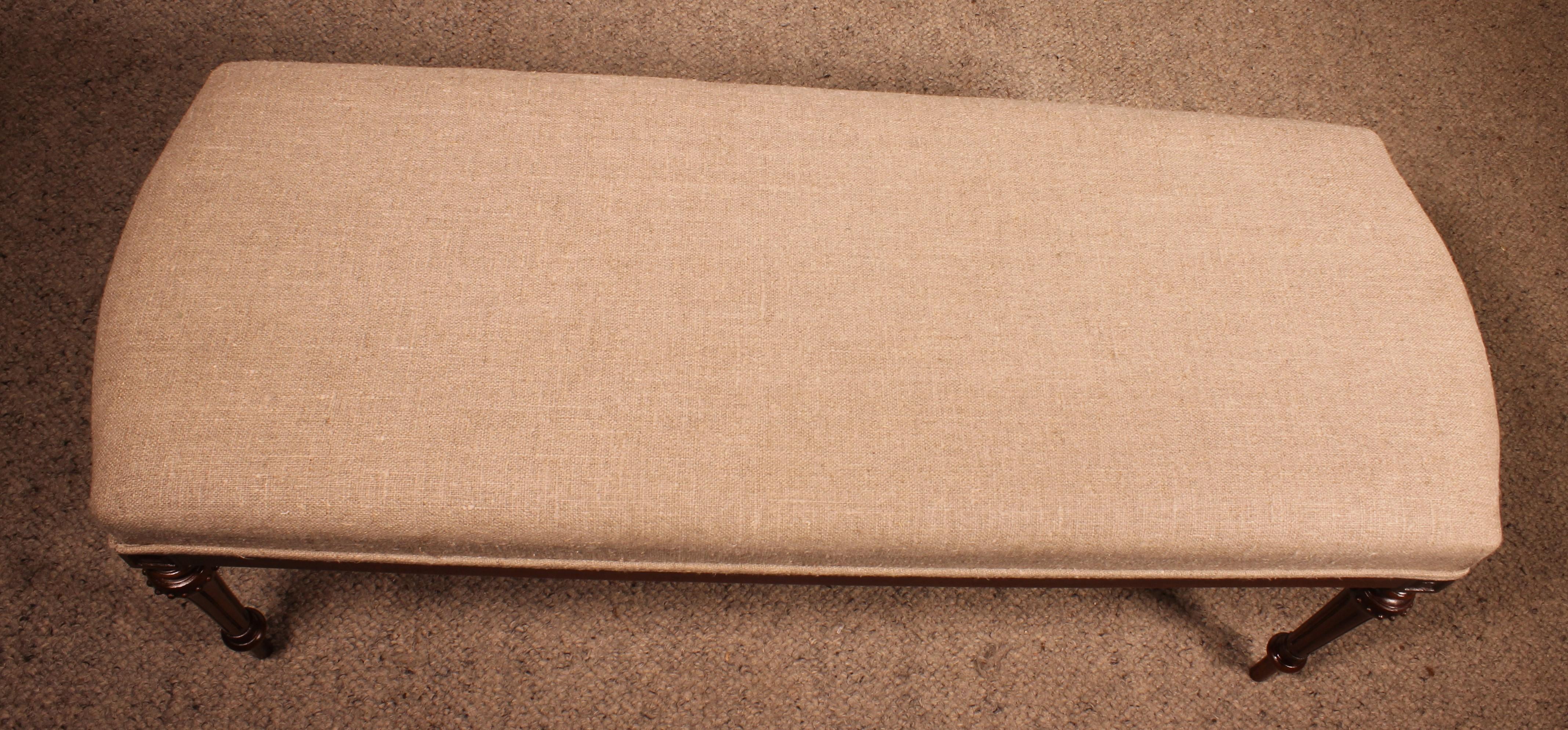 Mahogany Bench From The 19th Century Covered With A Linen Fabric 6