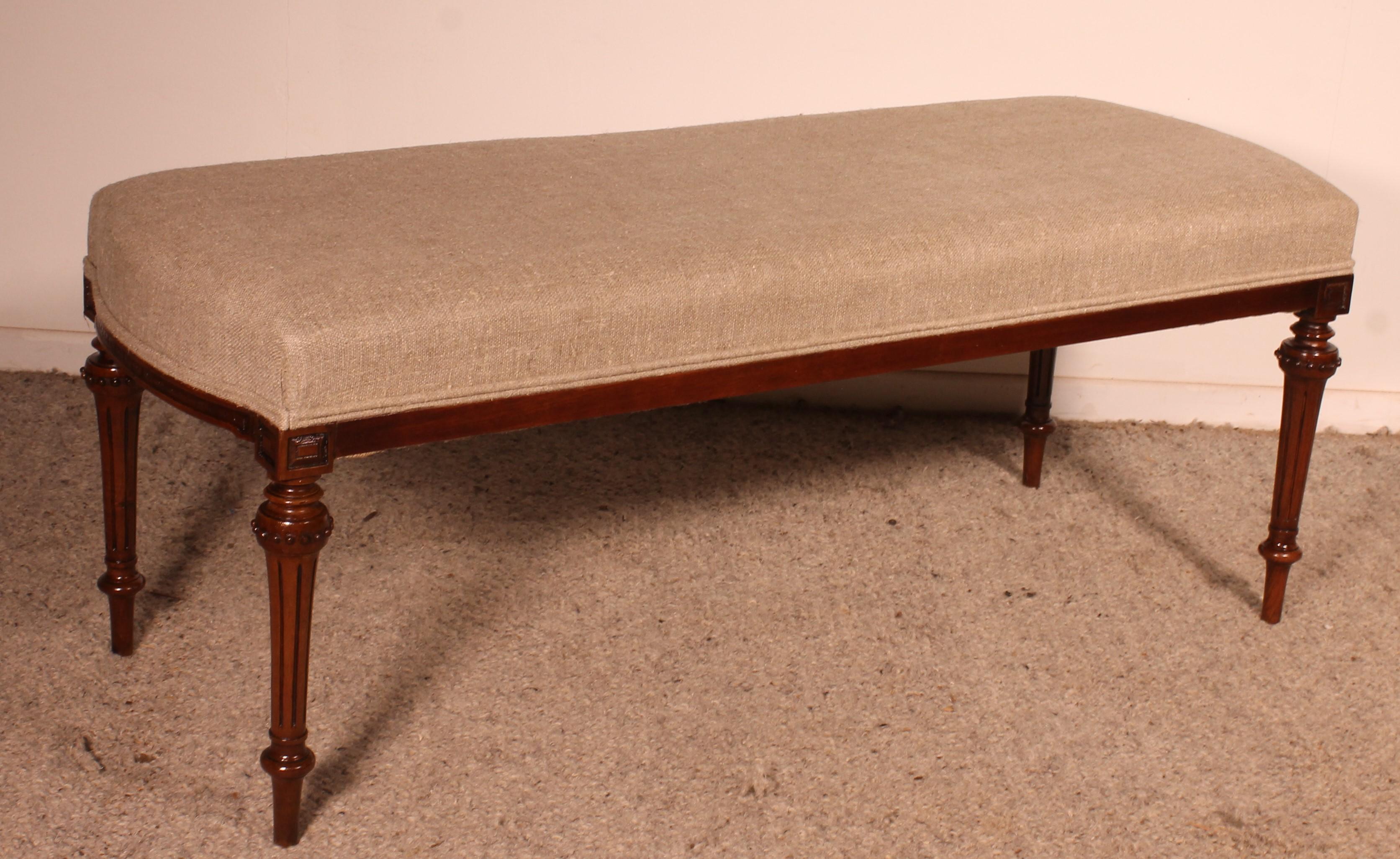 Mahogany Bench From The 19th Century Covered With A Linen Fabric 4
