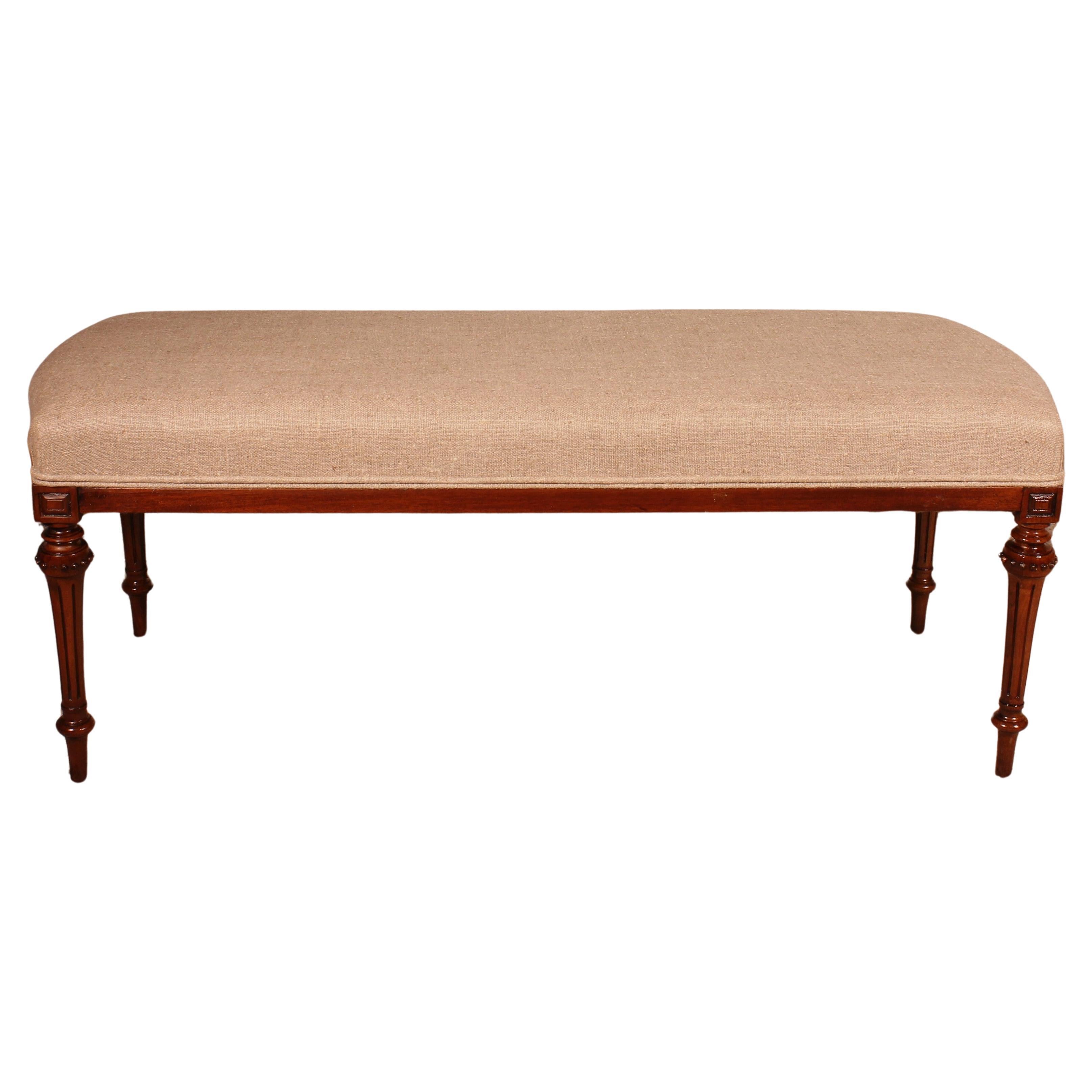 Mahogany Bench From The 19th Century Covered With A Linen Fabric For Sale