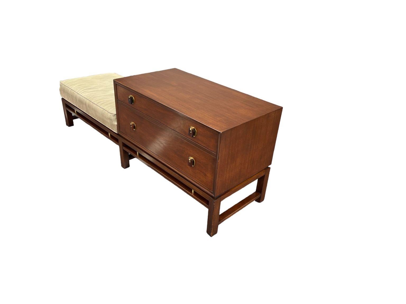 Mahogany bench table by Edward Wormley for Dunbar, circa 1950. Model 2288C. Occasionally referred to as a 'telephone table or bench'. Drawers have original brass and Rosewood hardware. Newer cloth fabric and clean original finish. Would recommend
