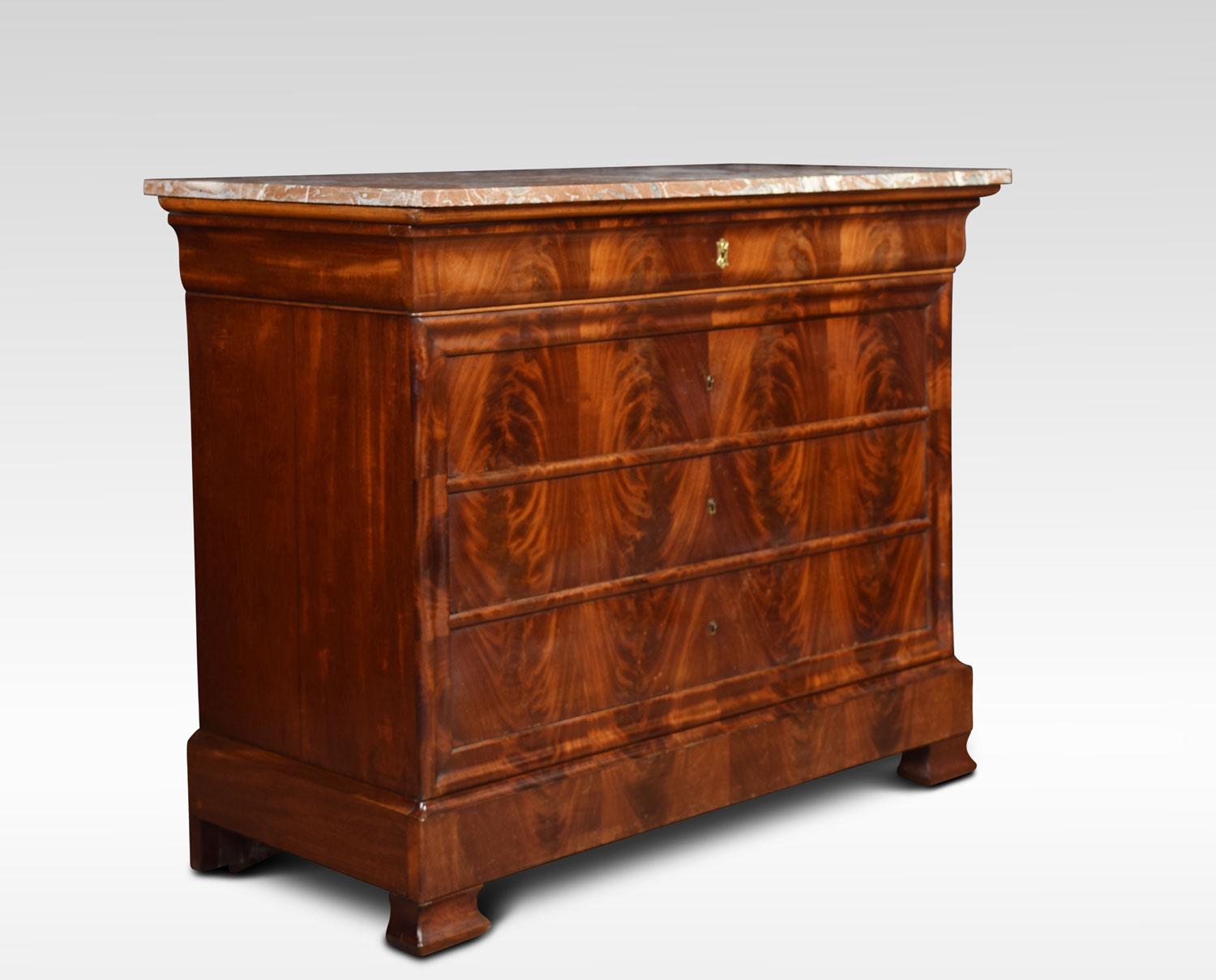 Mahogany Biedermeier chest of draws, the Spanish brocatello marble rectangular top, above a cushion moulded projecting frieze drawer with three long drawers below. Having an unusual secret base draw, all raised up on block feet.
Dimensions:
Height
