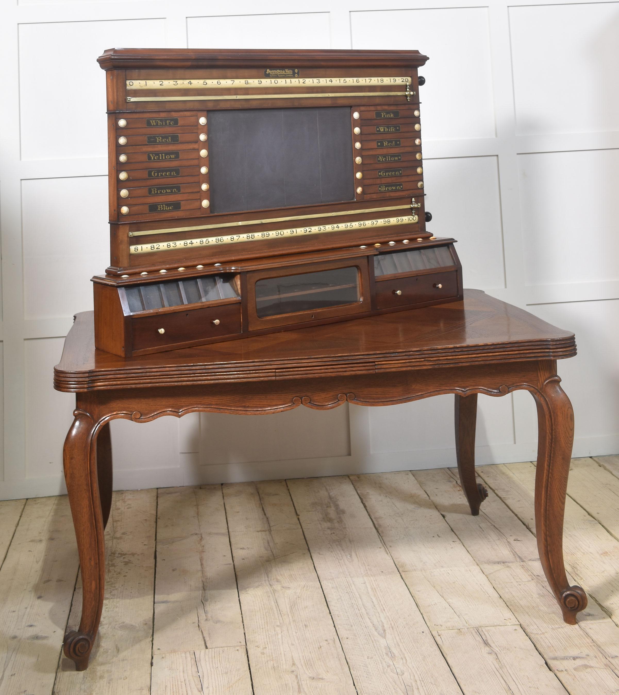 Wall-mounted billiard snooker scoring cabinet featuring a central panel flanked by sliders and revolving number bars All mounted on a ball storage box with glazed drawers for stake retrieval. Made by Burroughes & Watts” of London.
Dimensions
Height