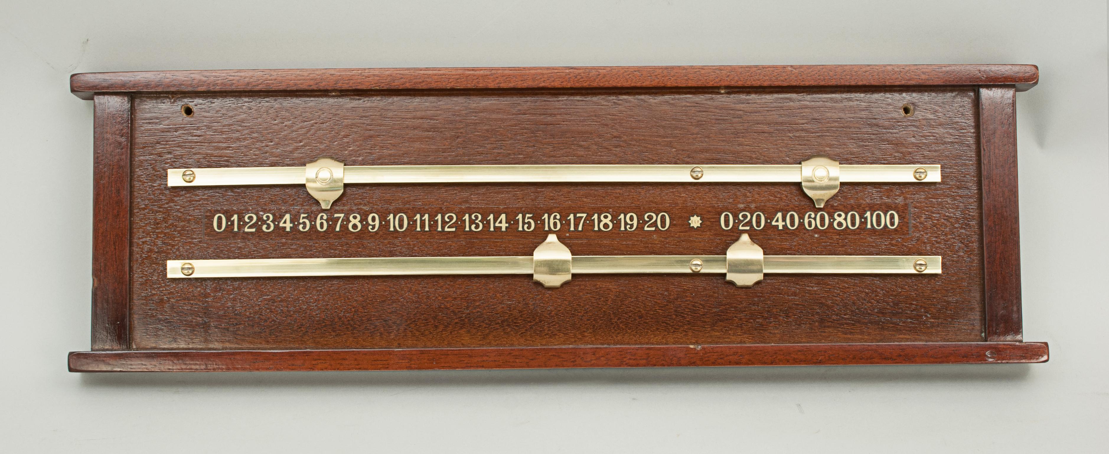 Mahogany Score Board.
A nice billiard scoreboard with brass slides and pointers, one set with spot. The transfer numbers are 0 to 20 and 0 to 100 in multiples of 20. A nice clean scorer.
Period: 1300-1349
Year: C. 1930's
Medium: Mahogany
Country: