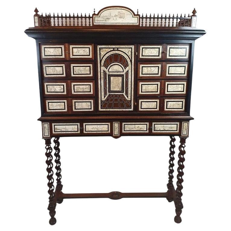 Mahogany, Blackened Wood And bone Cabinet, Italy 19th For Sale