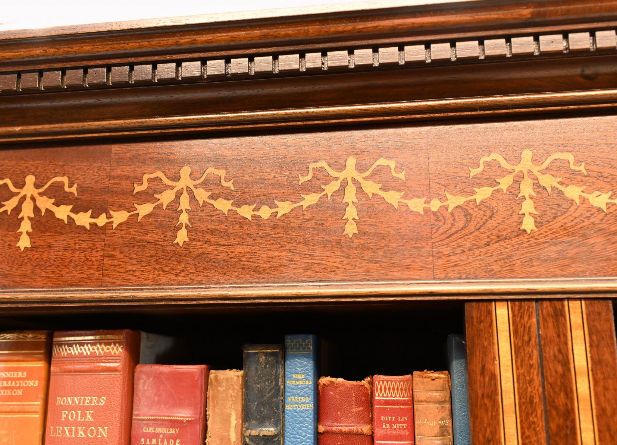 Mahogany Bookcase - Double English Sheraton Inlay Open Front For Sale 7