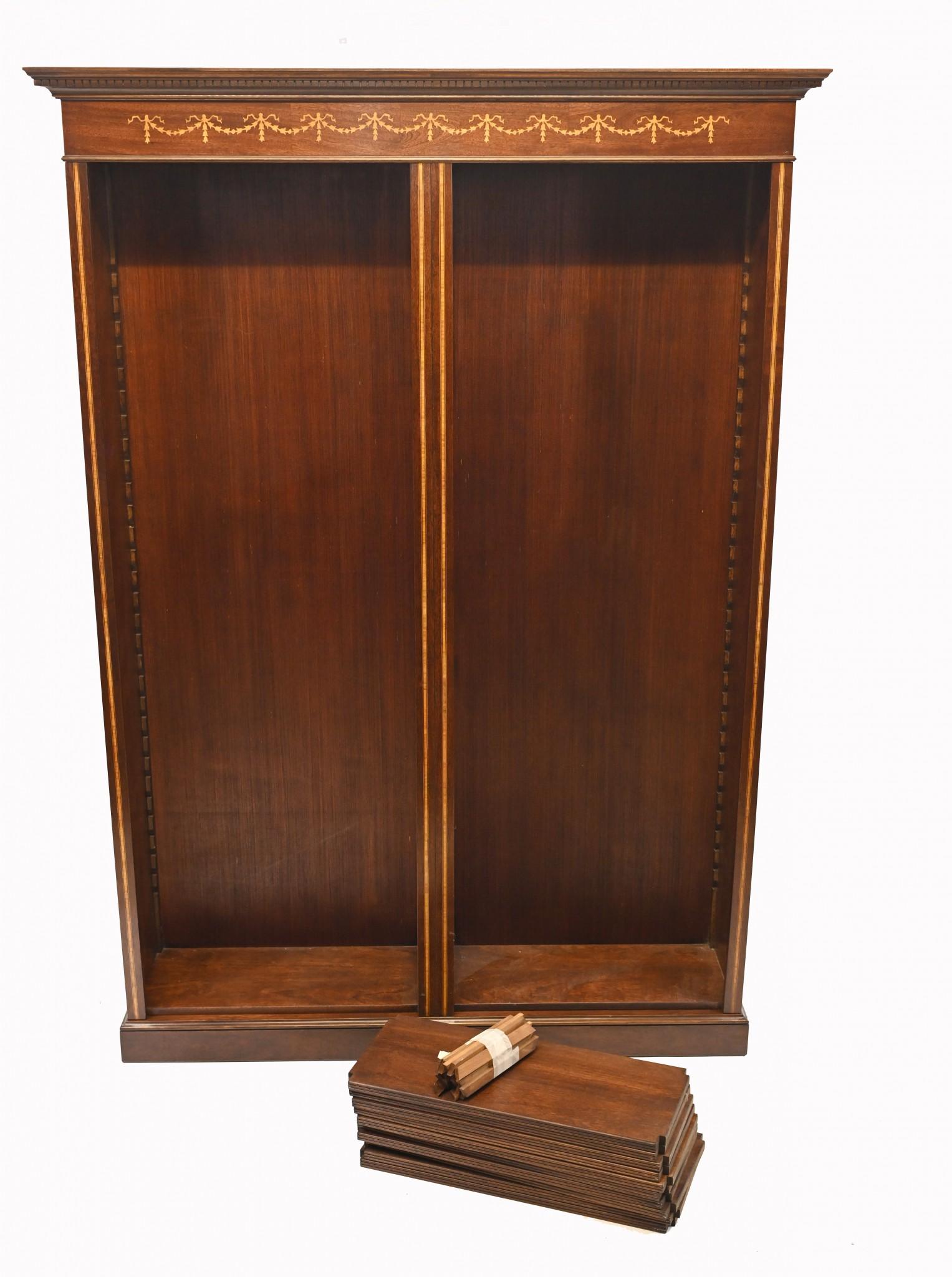Mahogany Bookcase - Double English Sheraton Inlay Open Front For Sale 8