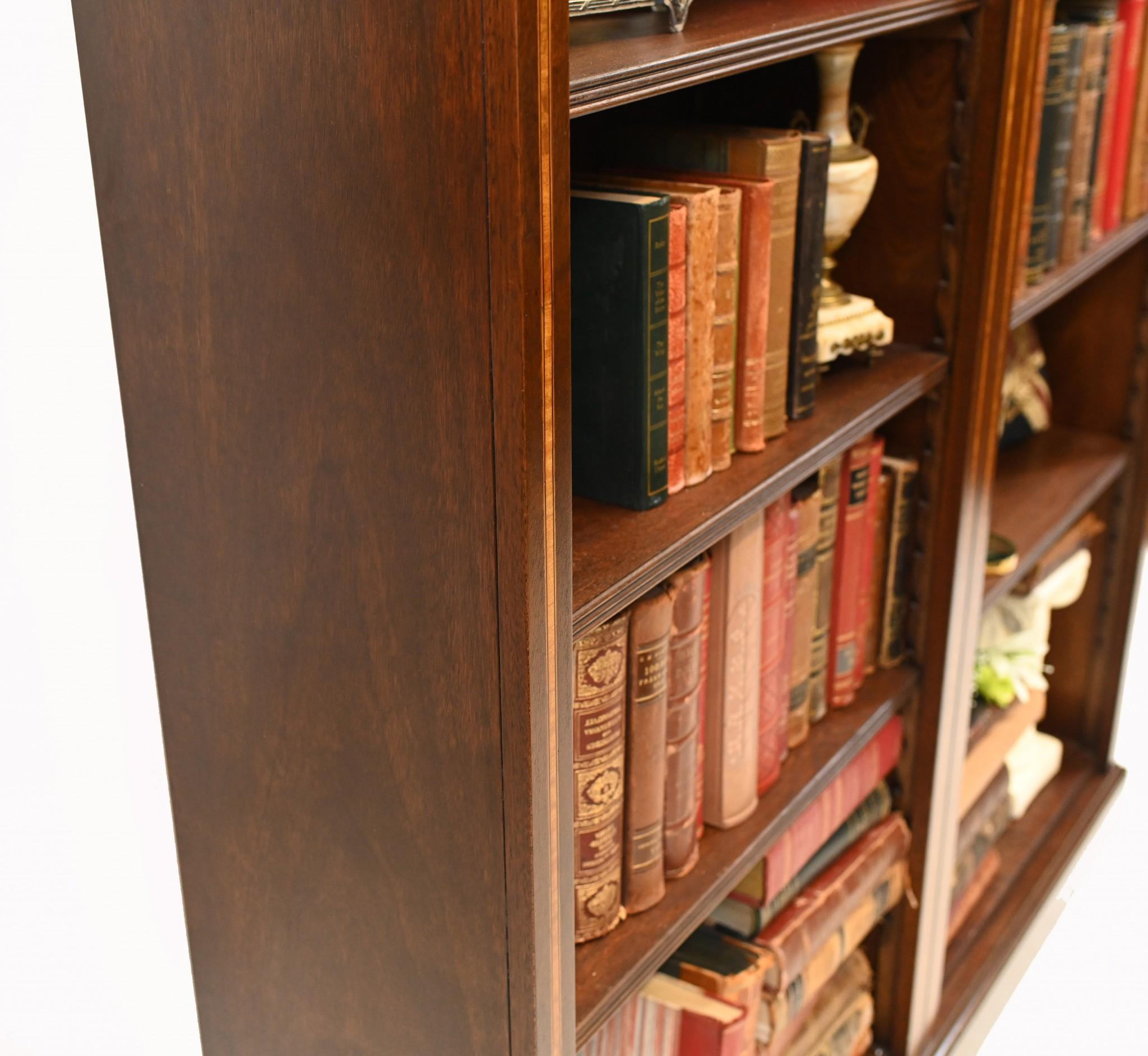 Mahogany Bookcase - Double English Sheraton Inlay Open Front For Sale 9