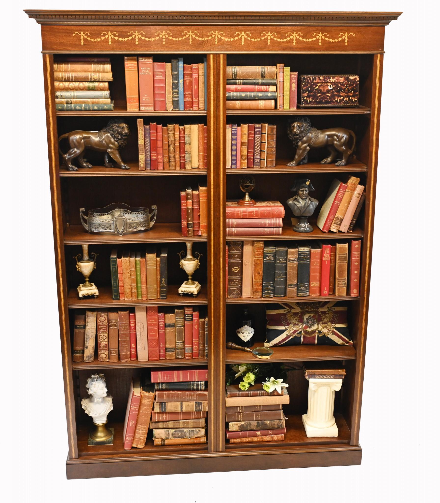 Mahogany Bookcase - Double English Sheraton Inlay Open Front For Sale 12