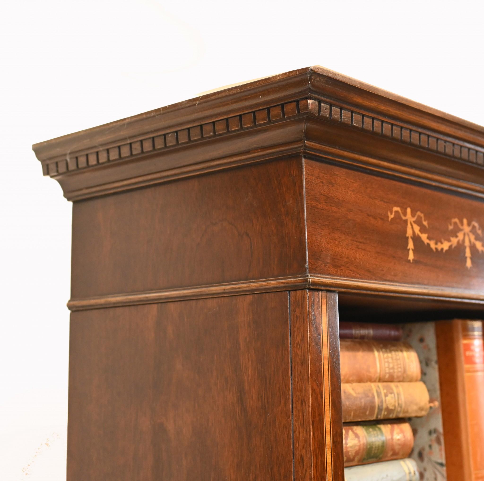 Early 20th Century Mahogany Bookcase - Double English Sheraton Inlay Open Front For Sale