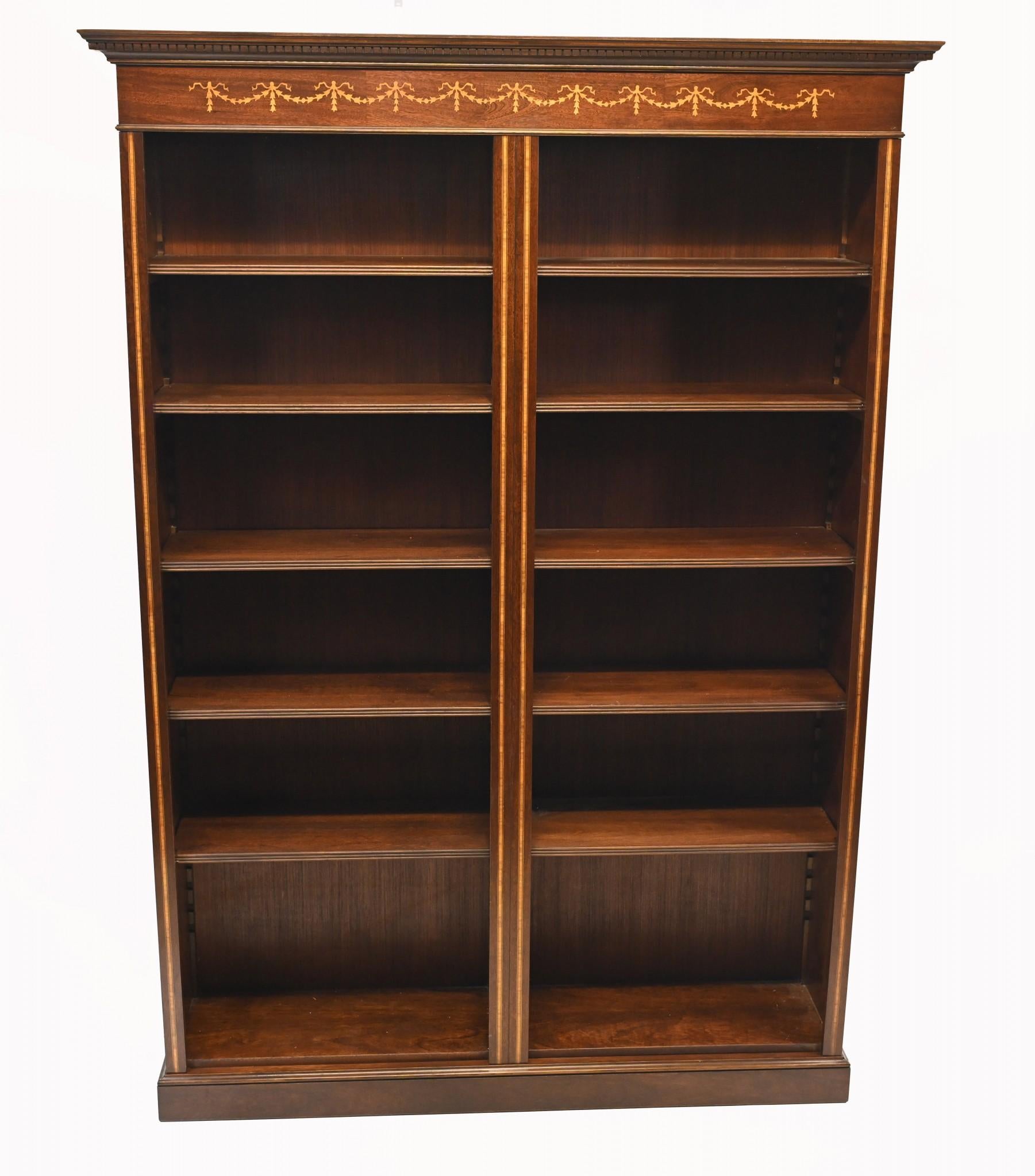 Late 20th Century Mahogany Bookcase - Double English Sheraton Inlay Open Front For Sale