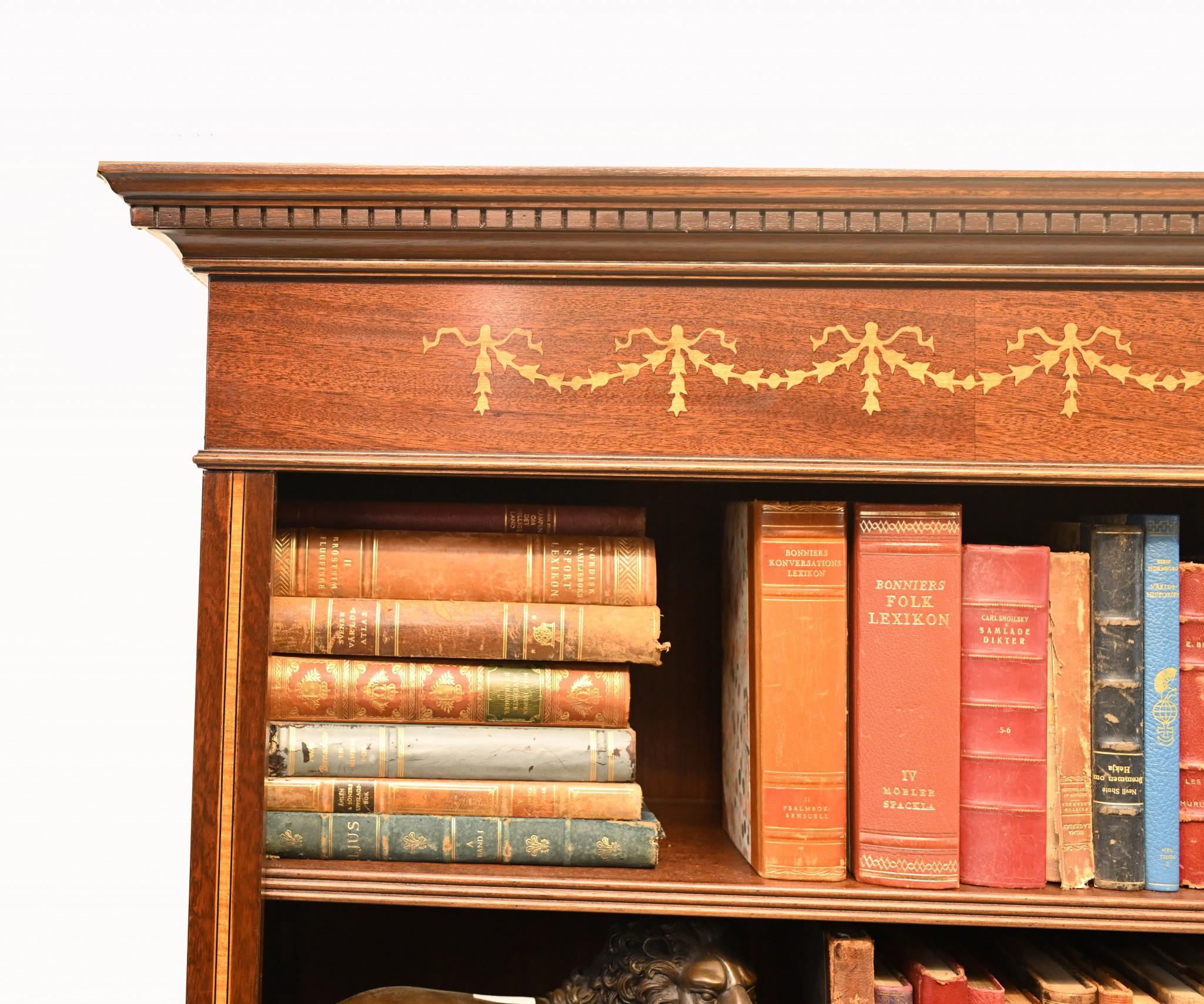 Mahogany Bookcase - Double English Sheraton Inlay Open Front For Sale 1
