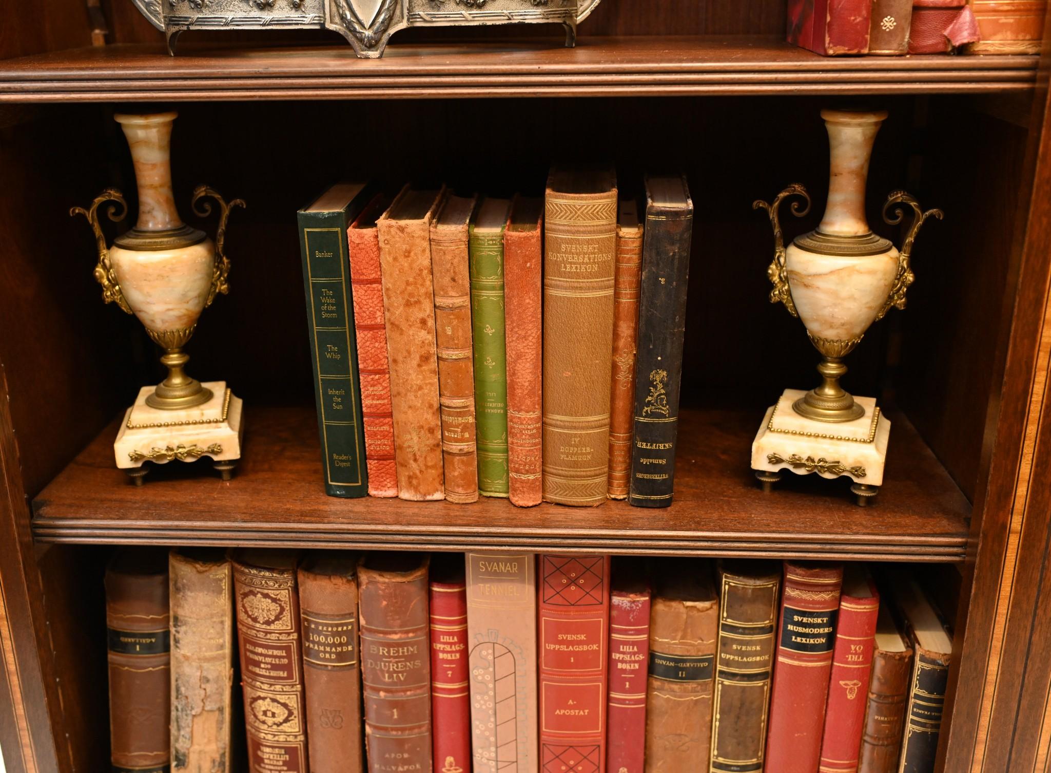 Mahogany Bookcase - Double English Sheraton Inlay Open Front For Sale 1