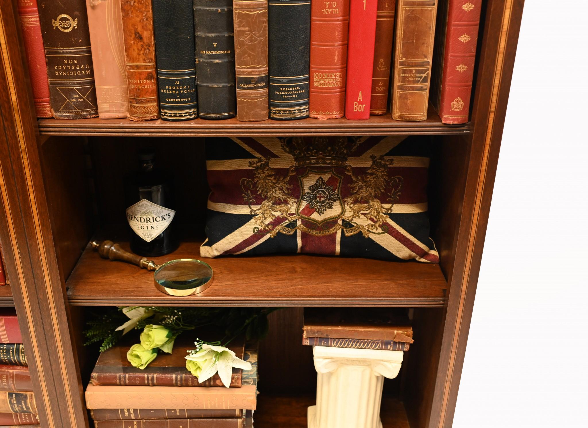 Mahogany Bookcase - Double English Sheraton Inlay Open Front For Sale 5