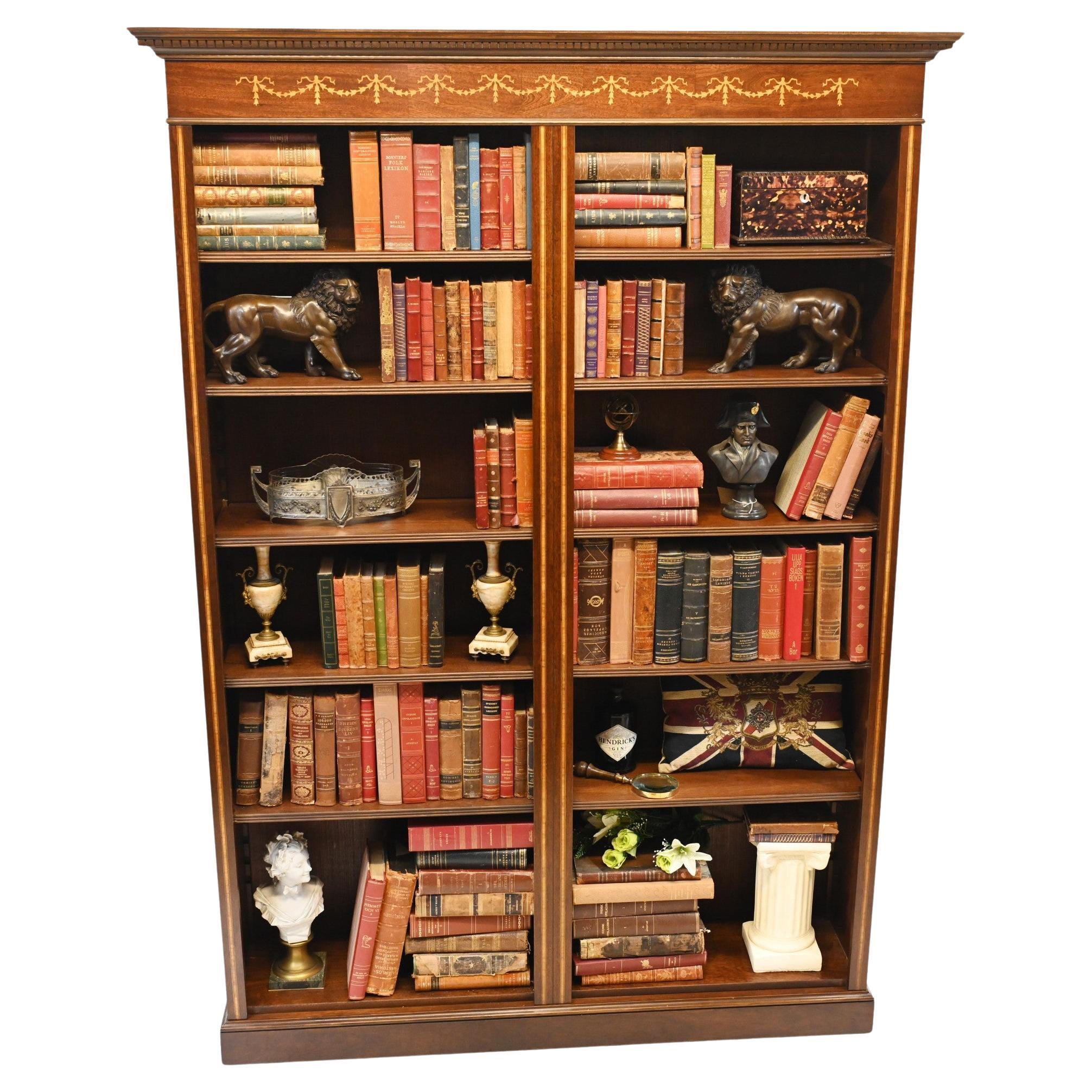 Mahogany Bookcase - Double English Sheraton Inlay Open Front For Sale