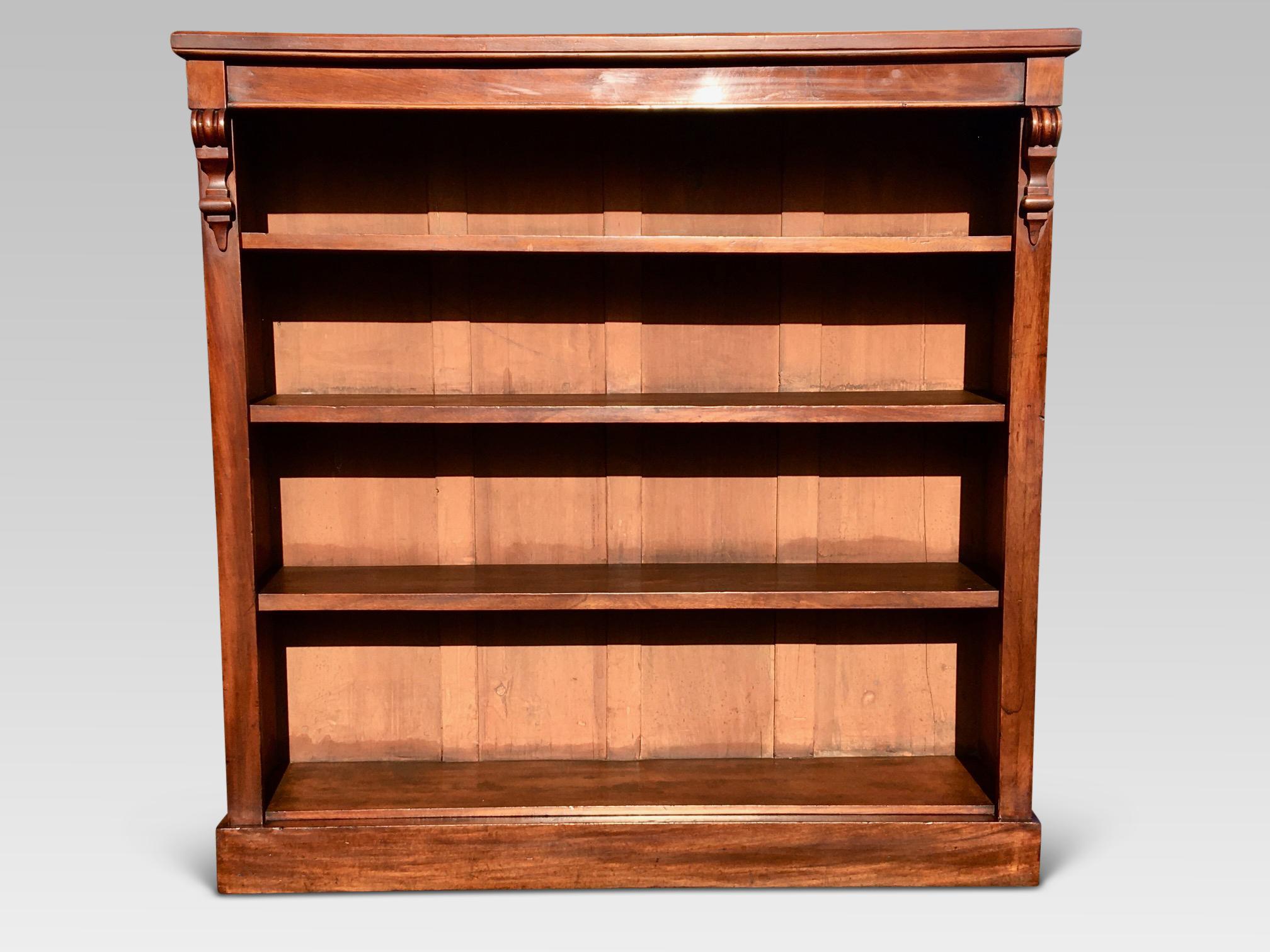 Attractive English mahogany open bookcase dated to circa 1880.
This delightful bookcase is in super condition, having been cleaned and lightly
refurbished then wax polished. It has 4 adjustable and sturdy shelves with a book depth
of 9 inches.