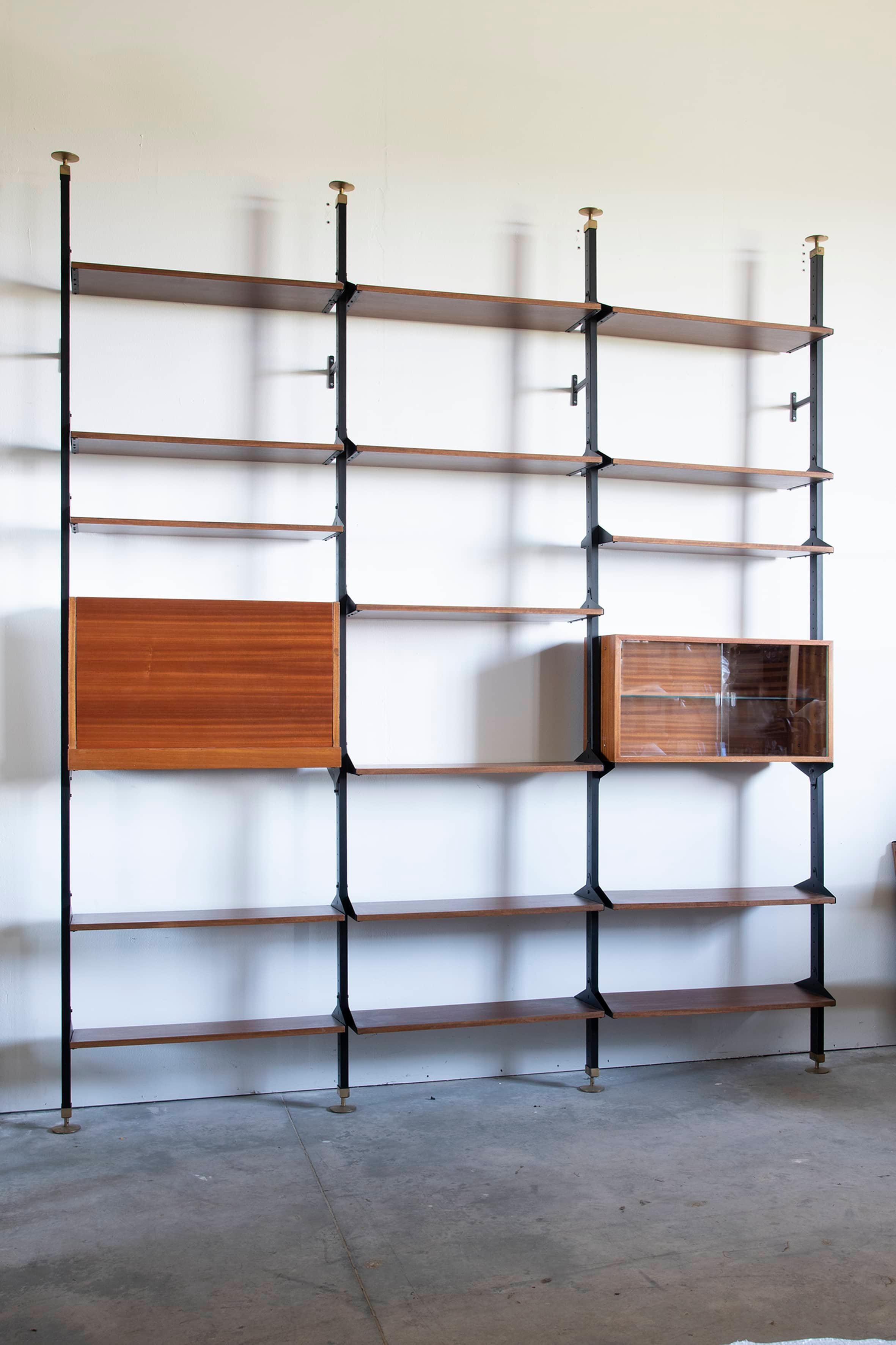 20th Century Mahogany Bookcase with Metal Uprights and Adjustable Shelves Italy 1950s For Sale