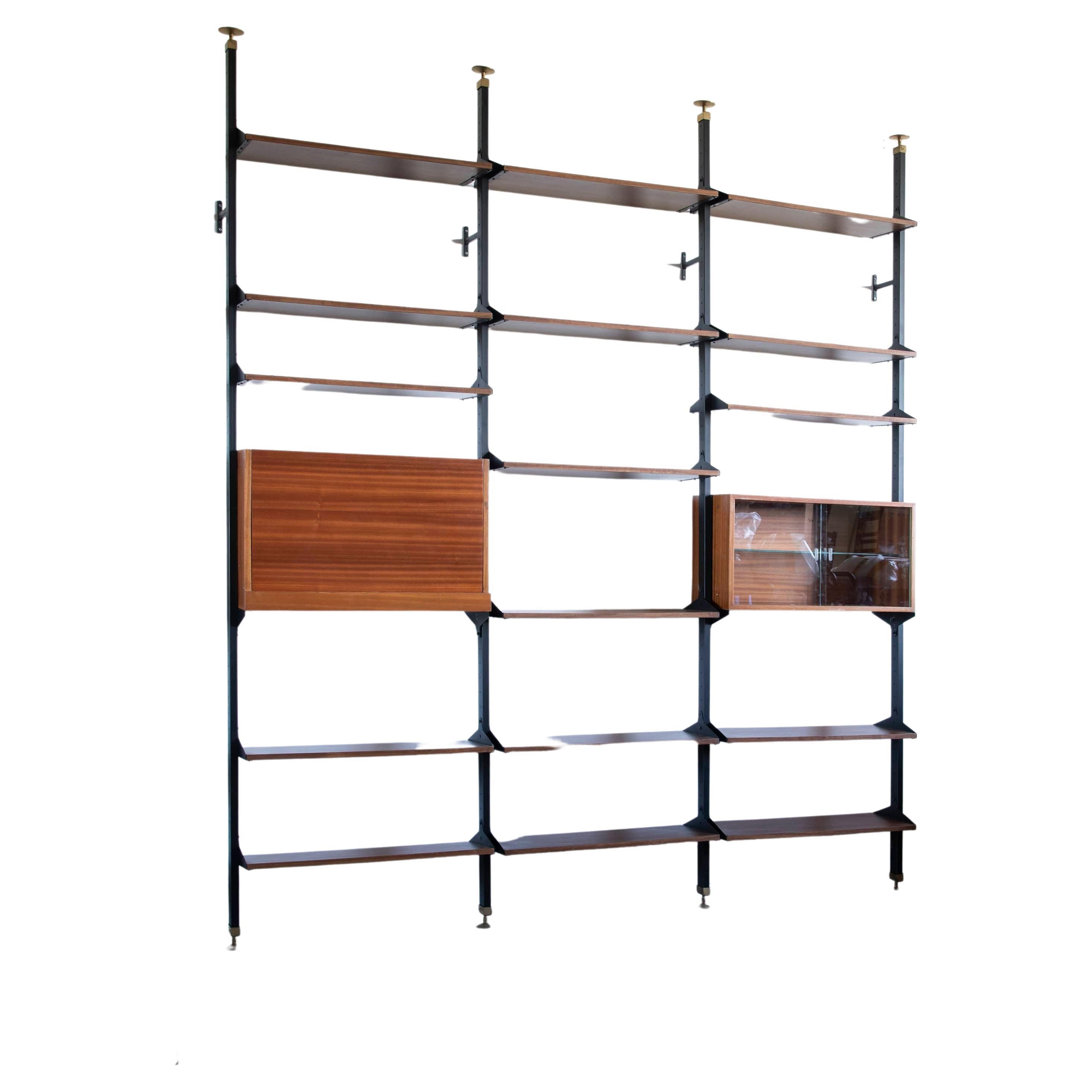 Mahogany Bookcase with Metal Uprights and Adjustable Shelves Italy 1950s For Sale