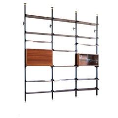 Vintage Mahogany Bookcase with Metal Uprights and Adjustable Shelves Italy 1950s
