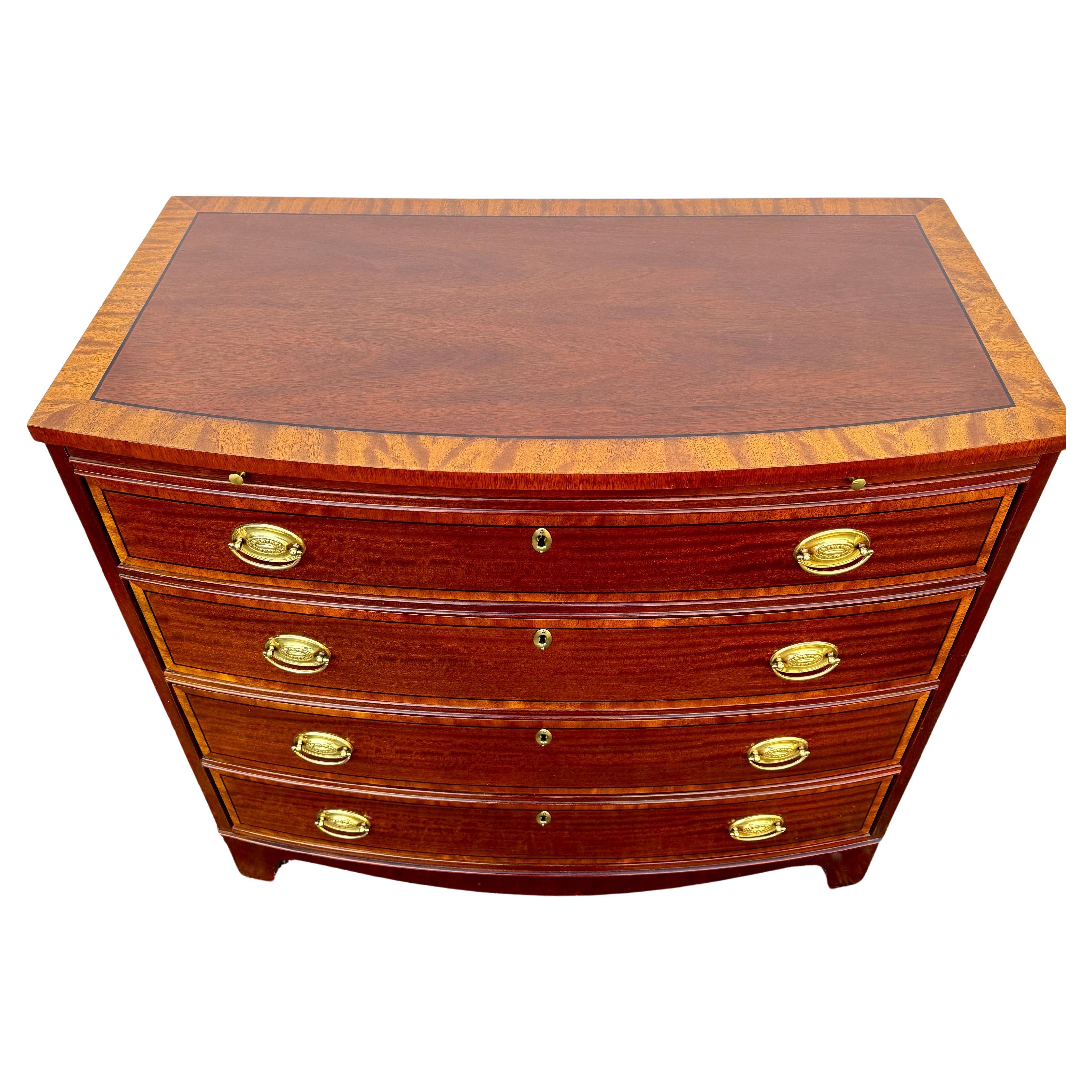 American Mahogany Bow Front 4 Drawers Bachelor Chest Dresser Pull Out Tray Brass Hardware