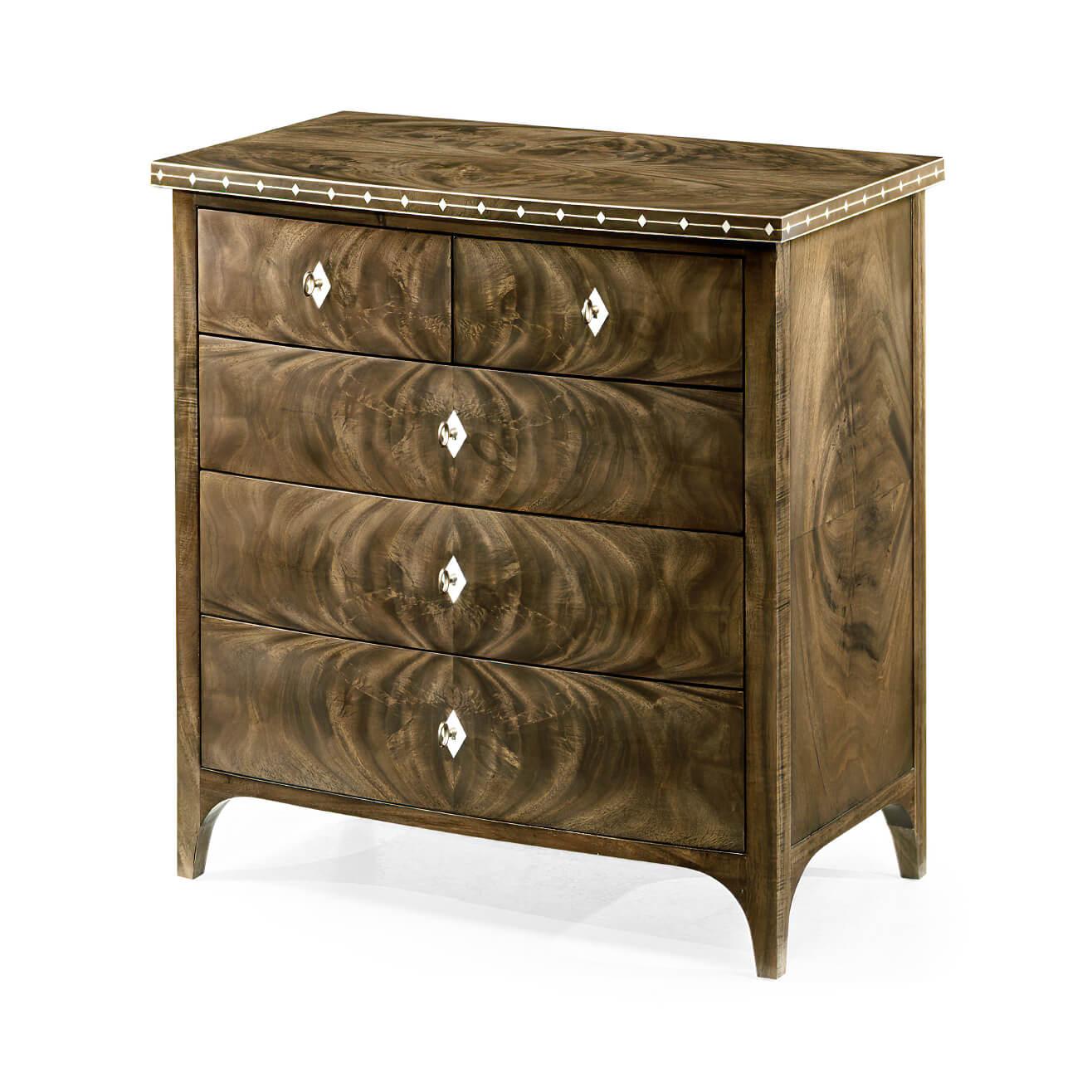 Modern Georgian bleached mahogany bow front bone inlaid chest of drawers, with five graduated drawers, diamond inlay escutcheons, figured mahogany, paneled sides and French bracket feet.

Dimensions: 28.75