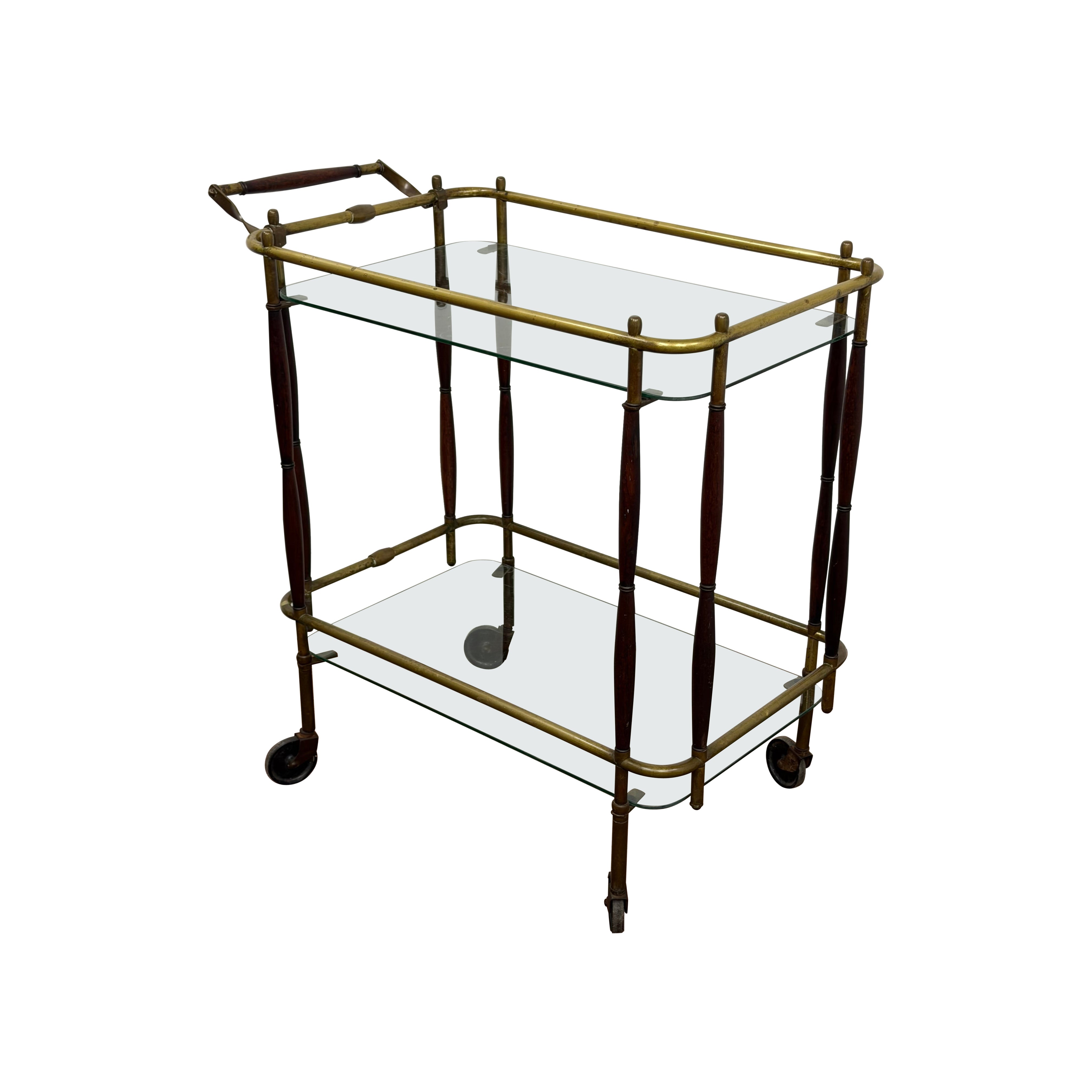 Mahogany Brass and Glass Mid Century Modern Bar Cart